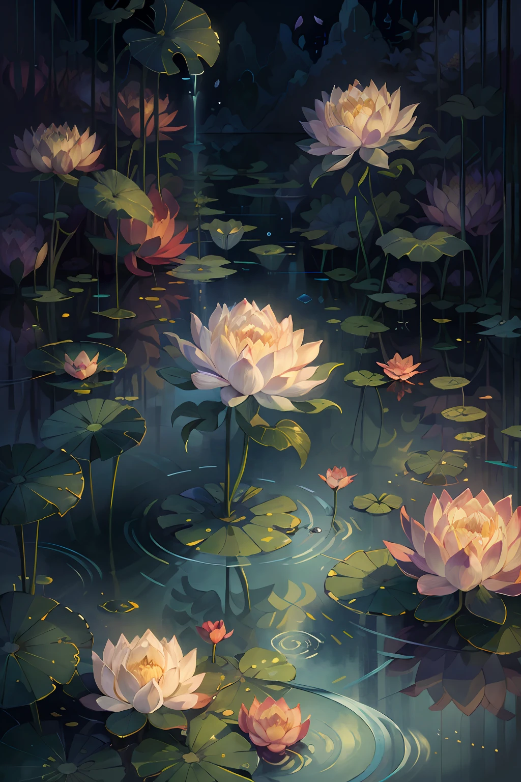 Original，（illustratio：1.1），（best qualtiy），（tmasterpiece：1.1），（the Extremely Detailed CG Unity 8K Wallpapers），（a color：1.2），lotuses，lotus petals，scenecy，rios|Wagas，