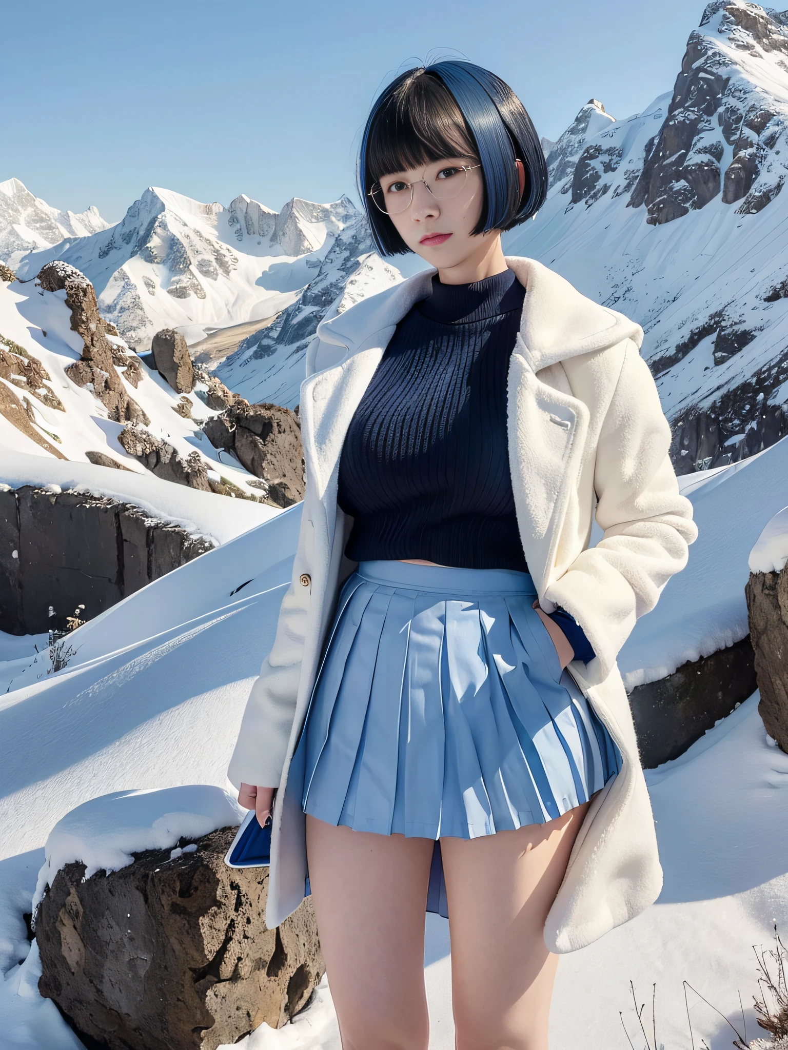 (1lady),black bowl cut,smirk,big breast,eye glass,(White cotton coat),(blue Short skirt ,Pleated skirt:1.4),Standing in a snowy mountain