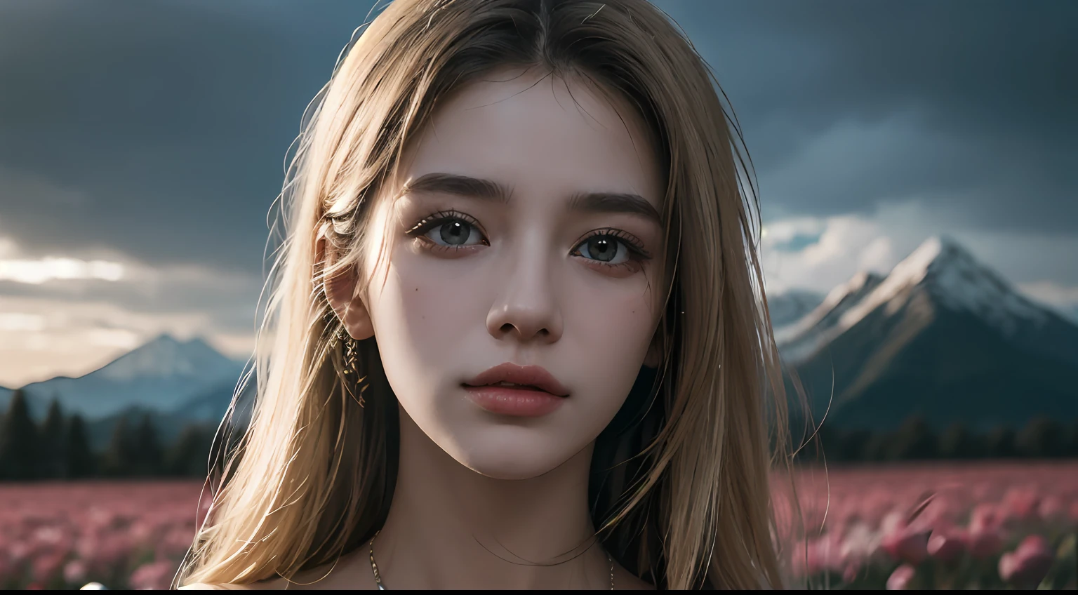 ((Pure beauty:0.8+ultra-realistic realism:1.2),White skin texture:1.2,eyes with brightness:1.1),lightand shade contrast:1.1,high textured:1.1,Picture quality:Ultra HD:1.3,The upper part of the body,tall nose bridge,dynamic angle,Clouds and mountains,Flower field in the foreground,Light tracing,realisticlying,offcial art,Unity 8k壁纸,ultra - detailed,Beautiful and beautiful,tmasterpiece,best qualityer,Glowing skin,cinmatic lighting。