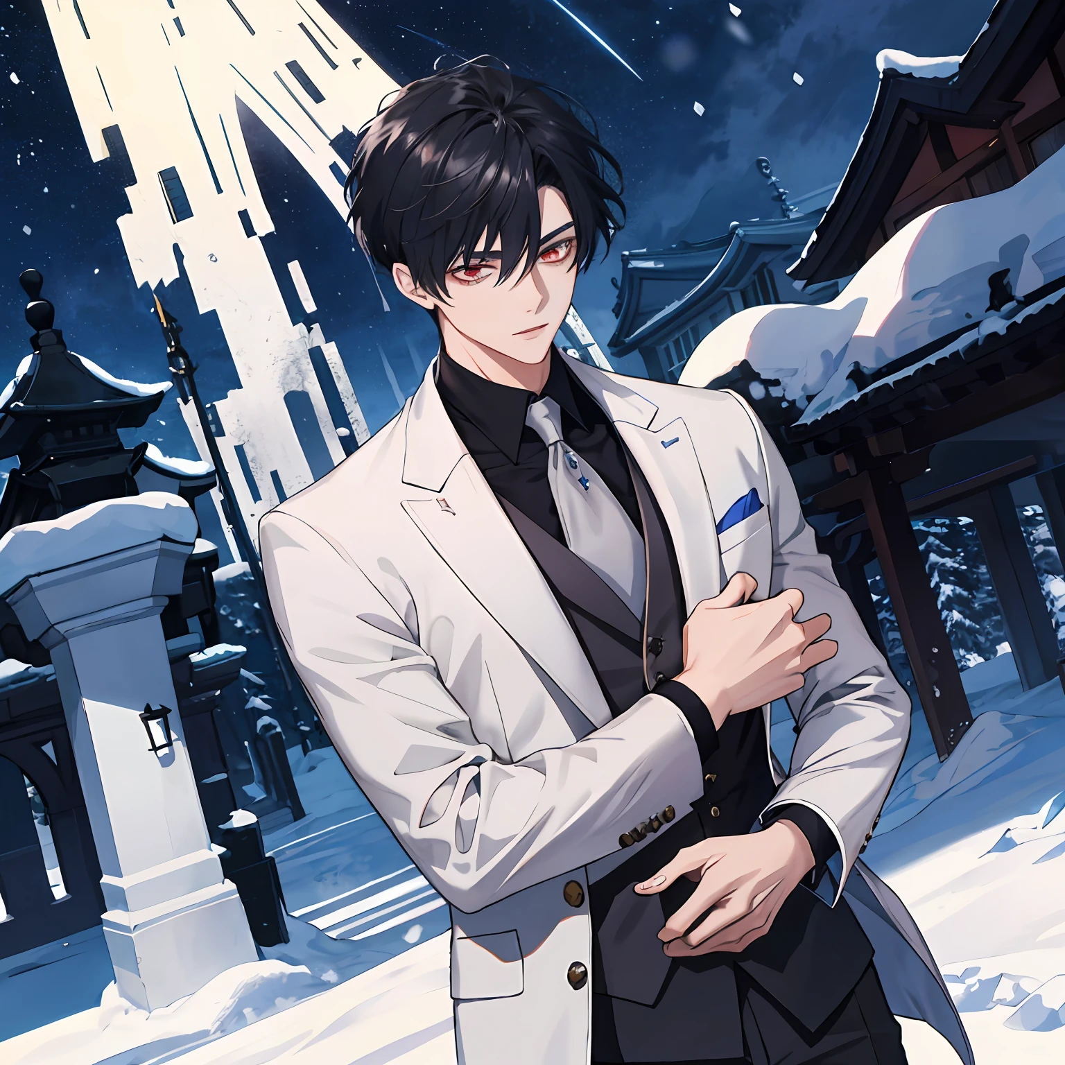 tmasterpiece，best qualtiy，1boys，Handsome，with short black hair，Red pupils，White gold tunic，Business suit ，Best light and shadow，eventide，magia，streamer，full bodyesbian，Dark skies，nigth ，火焰，salama，Ice and snow ，Complicated details，