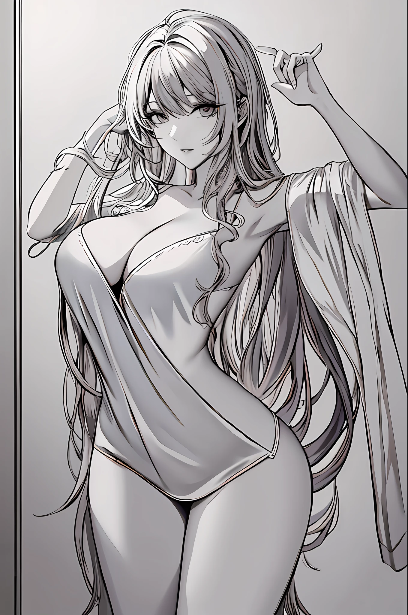 tmasterpiece，best qualtiy，（Very detailed CG unity 8K wallpaper）（best qualtiy），（Most Best Illustration），（Best shadow）1womanl，Wear sexy pajamas，fully body pose，（Large breasts），Light and shadow tracking，ultra-detailliert ，bold lineart, clean lineart, Simple lines of art, intense line art, lineart behance hd --v6