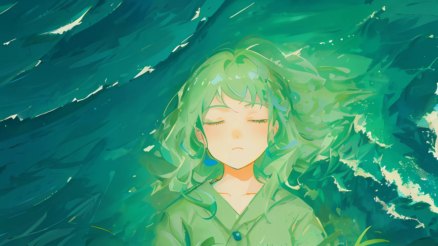 There is a painting，The painting depicts a woman lying on the grass，Lie in the green sea with your eyes closed, conrad roset and makoto shinkai, green ocean, Lofi art, inspired by Yanagawa Nobusada, tatsumaki, Inspired by Atey ghailan, serene illustration, A beautiful artwork illustration, lofi-girl, in style of atey ghailan