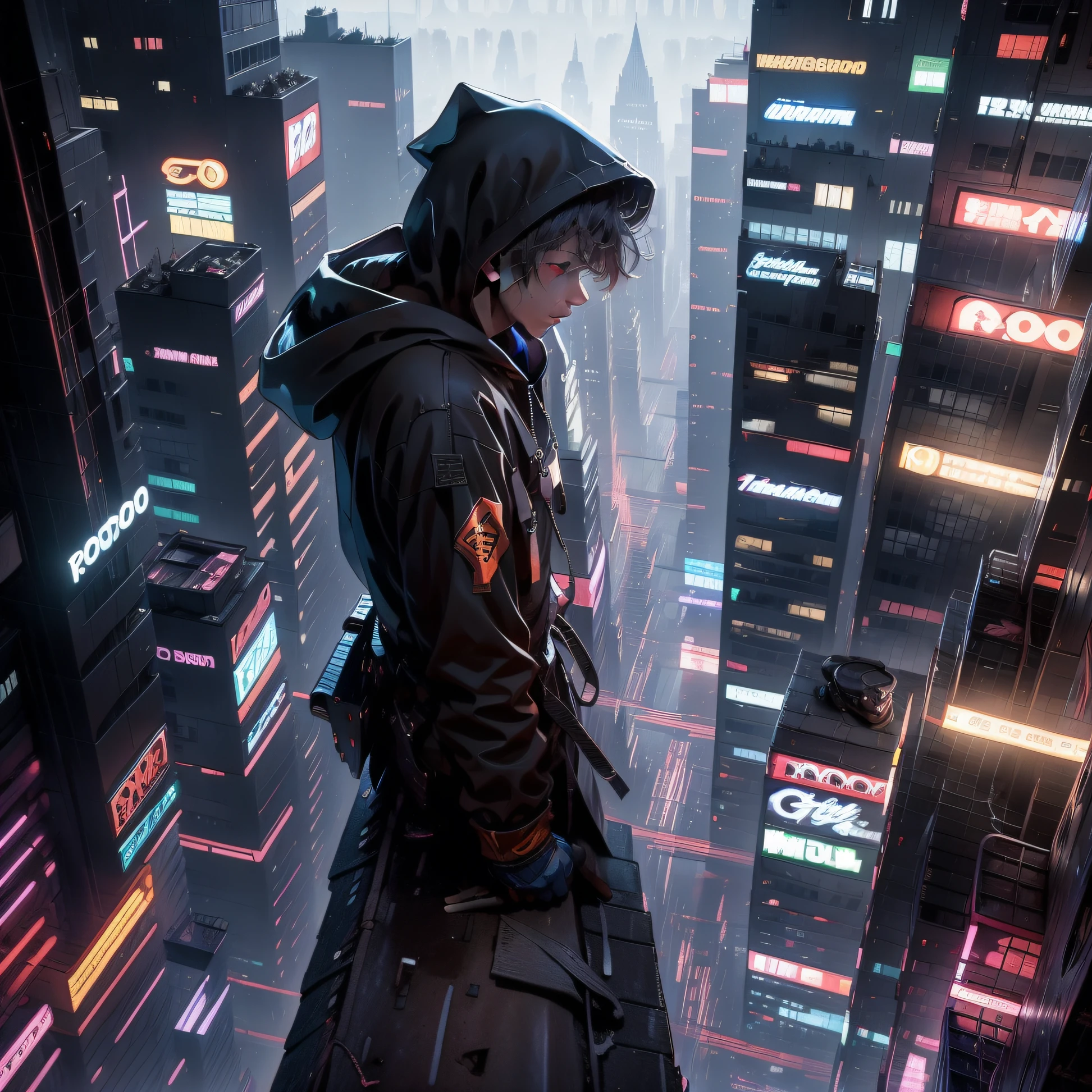 A 20-year-old boy wearing a hood stands lonely on the roof of a building,The focus is on the hustle and bustle of the city and the loneliness of the boys,The scene is grand,There is a sense of atmosphere