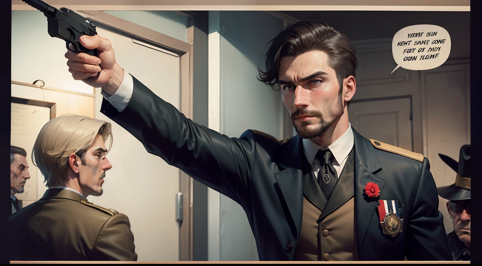 comic strip，of a guy，Point a revolver at the man who raised his hands in surrender with his other hands