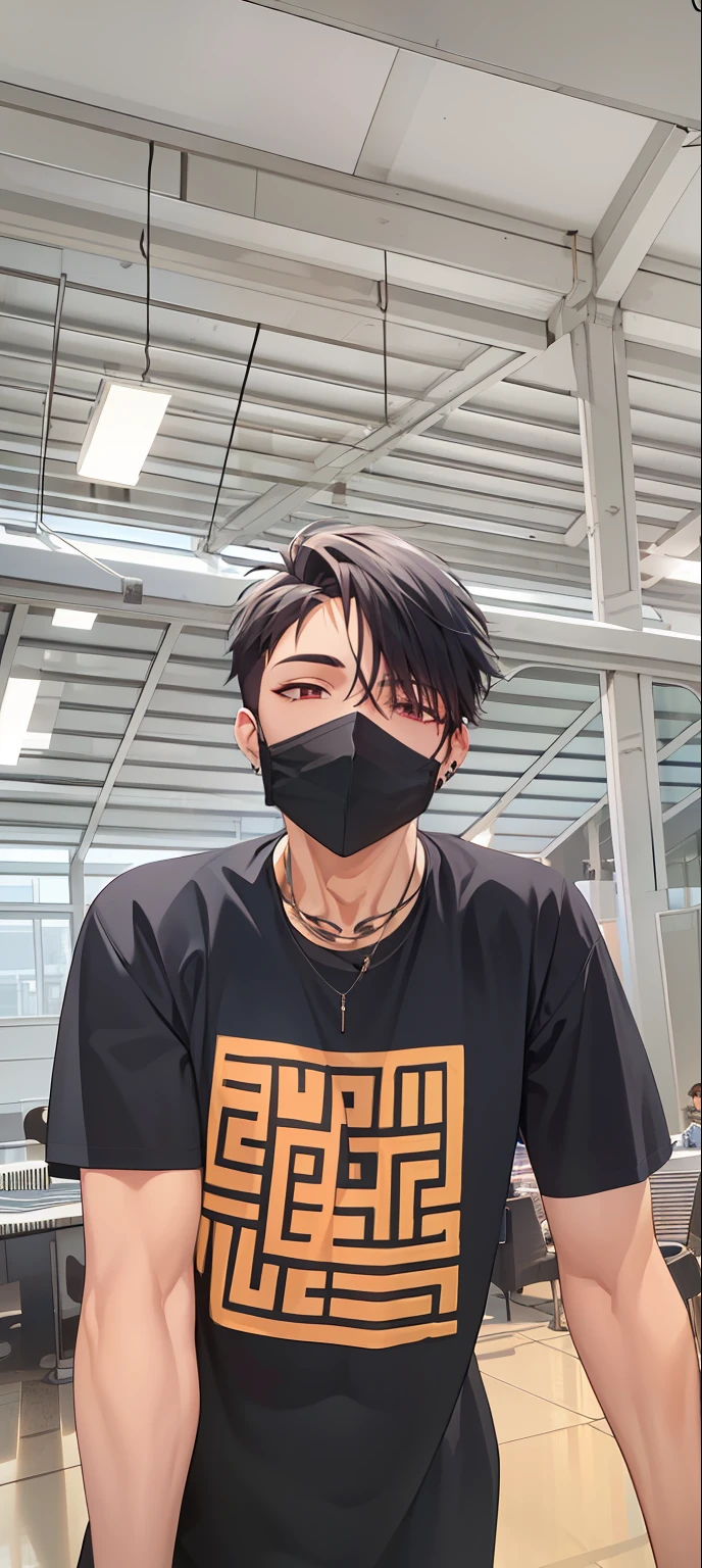 masterpiece, best quality, high quality, 1boy, solo, male focus, upper body, looking at viewer, jewelry, shirt, muscle, black mask, undercut, body builder