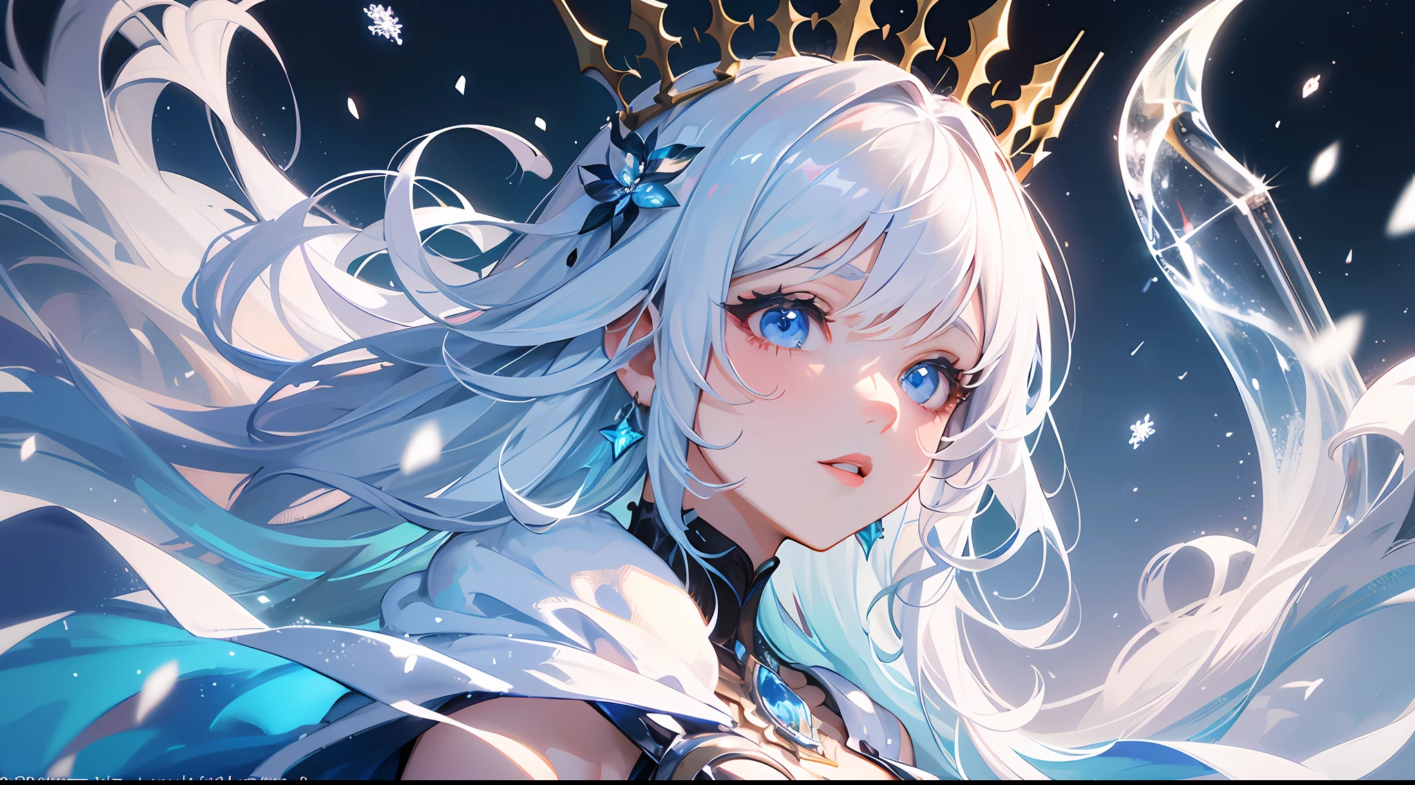 wlop, aeolian, jewelry, woman, queen, white robe, white eyelashes, dyed snow face, cold, frost, color, side light, pointed crown, super detail, depth of field, magic array, white hair, blue eyes, lips, snow, snow magic, white magic, sapphire, ice cap, ice crystal fragments, ice, large area white, incredible, super detail, extremely detail, (high contrast: 1.11), wind, amazing, beautiful detail eyes, messy hair, ( best lighting, extremely delicate and beautiful), ((cinema light)), (from the side: 1.3), 8K, masterpiece, best quality, movie stills, 1girl, floating in the sky, cloud girl, clouds, (close-up: 1.1), bright, happy, fun, soft lighting, (Bauhaus, shapes, lines, abstract: 1.1) official art, Unity 8k wallpaper, super detailed, beautiful and beautiful, masterpiece, best quality, (dynamic angle: 1.4), romantic depth of field exotic_ dance, Perfect NwsjMajic, (Masterpiece, Top Quality, Best Quality, Official Art, Beauty and Aesthetics: 1.2), Extreme Detail, Colorful, Highest Detail,