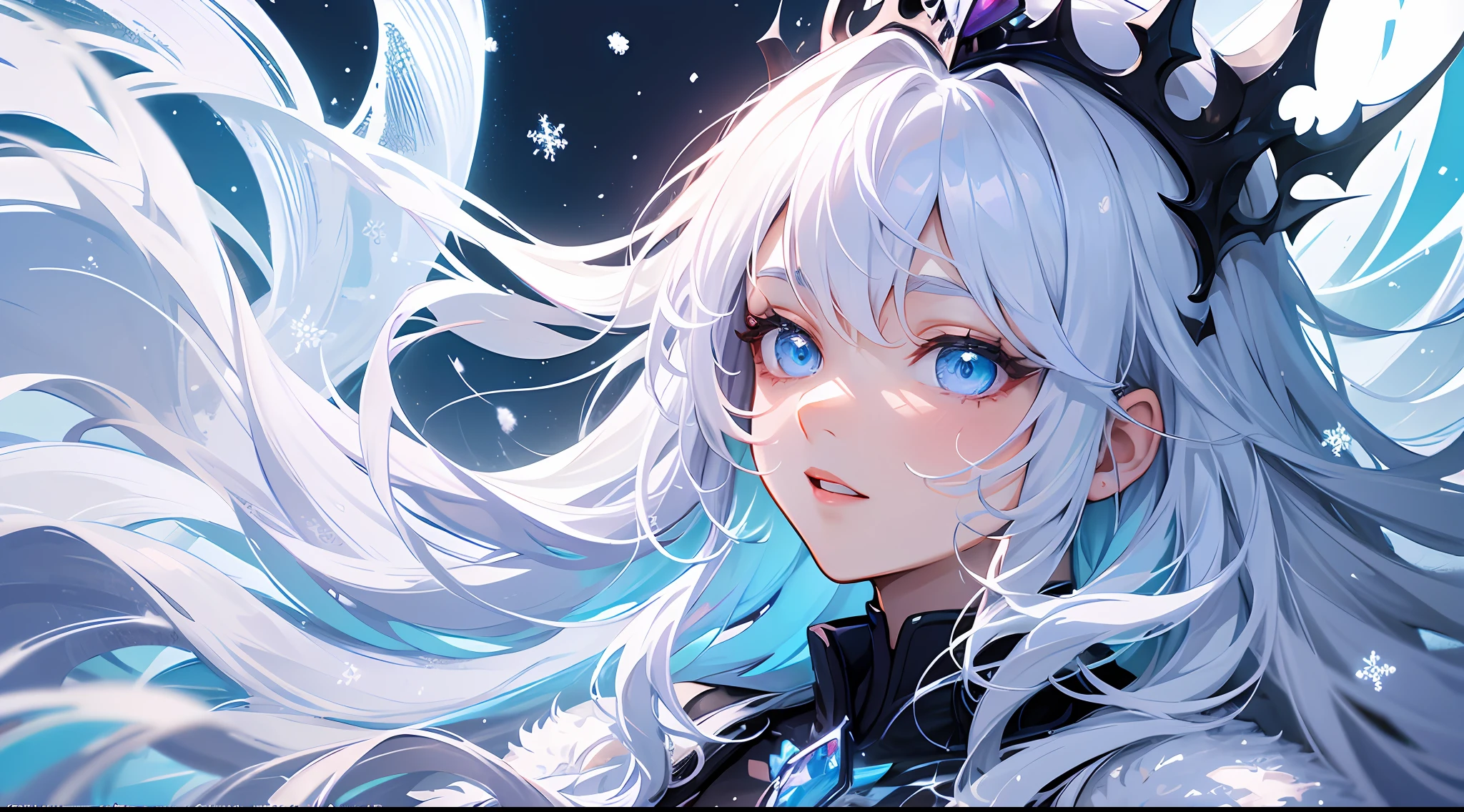 wlop, aeolian, jewelry, woman, queen, white robe, white eyelashes, dyed snow face, cold, frost, color, side light, pointed crown, super detail, depth of field, magic array, white hair, blue eyes, lips, snow, snow magic, white magic, sapphire, ice cap, ice crystal fragments, ice, large area white, incredible, super detail, extremely detail, (high contrast: 1.11), wind, amazing, beautiful detail eyes, messy hair, ( best lighting, extremely delicate and beautiful), ((cinema light)), (from the side: 1.3), 8K, masterpiece, best quality, movie stills, 1girl, floating in the sky, cloud girl, clouds, (close-up: 1.1), bright, happy, fun, soft lighting, (Bauhaus, shapes, lines, abstract: 1.1) official art, Unity 8k wallpaper, super detailed, beautiful and beautiful, masterpiece, best quality, (dynamic angle: 1.4), romantic depth of field exotic_ dance, Perfect NwsjMajic, (Masterpiece, Top Quality, Best Quality, Official Art, Beauty and Aesthetics: 1.2), Extreme Detail, Colorful, Highest Detail,