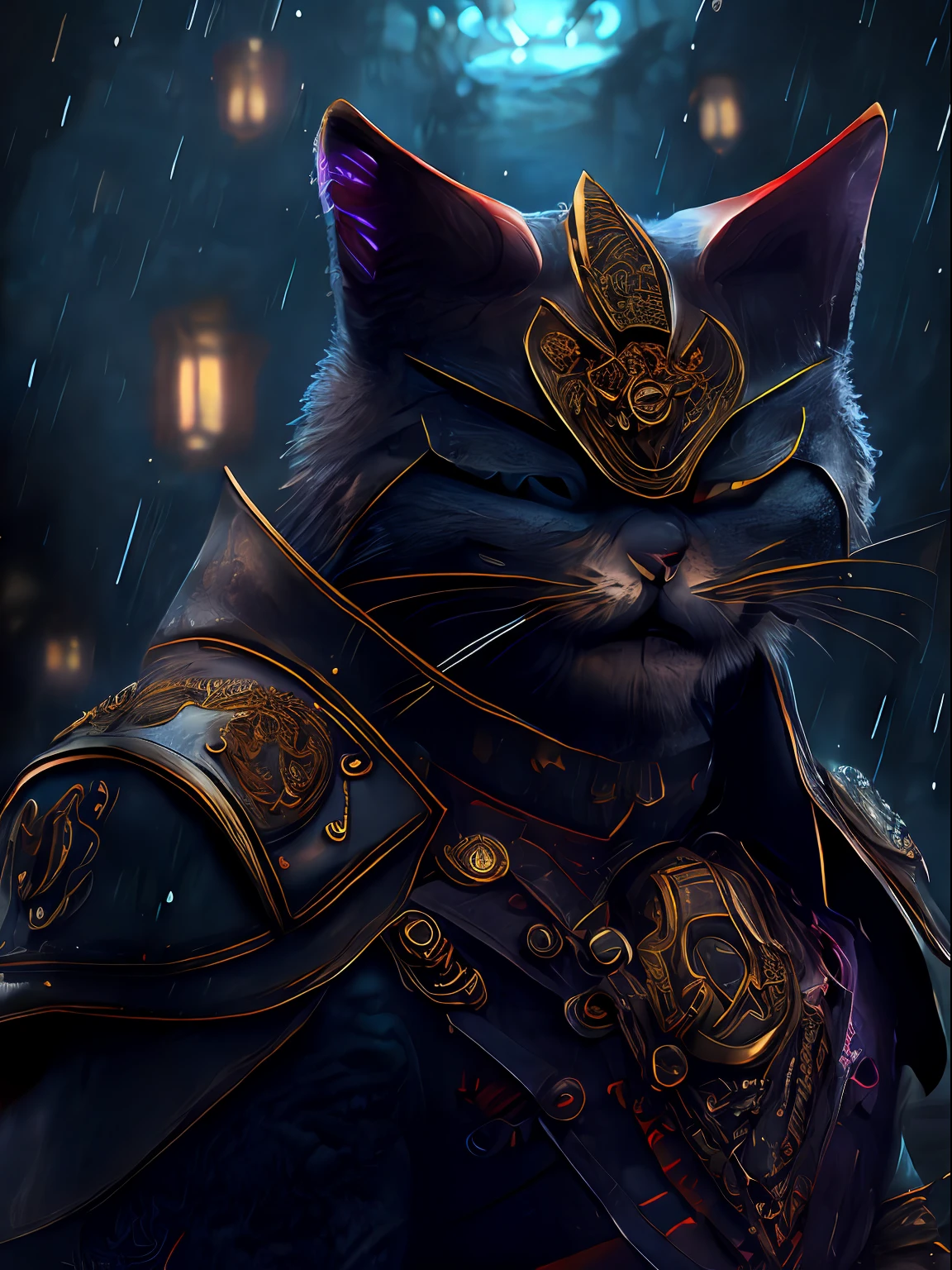 Angry cat god, closeup, steampunk anthropomorphic , black plague mask, Artstation illustrators, intricate details, face, full body portrait, dim light, illustration, UHD, 4K hyper realistic, tension, cold, highly detailed, sharp focus, professional, 8k UHD, cinematic, dark, violent, outdoor, River, battle, chase, dramatic, vivid, nervous vibe, render, epic, twilight, HDR, album cover, blizzard, lightning, cataclysmic