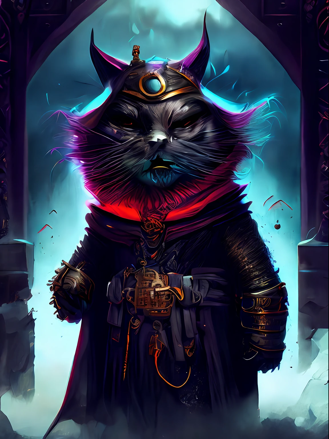 Angry cat god, closeup, steampunk anthropomorphic , black plague mask, Artstation illustrators, intricate details, face, full body portrait, dim light, illustration, UHD, 4K hyper realistic, tension, cold, highly detailed, sharp focus, professional, 8k UHD, cinematic, dark, violent, outdoor, River, battle, chase, dramatic, vivid, nervous vibe, render, epic, twilight, HDR, album cover, blizzard, lightning, cataclysmic