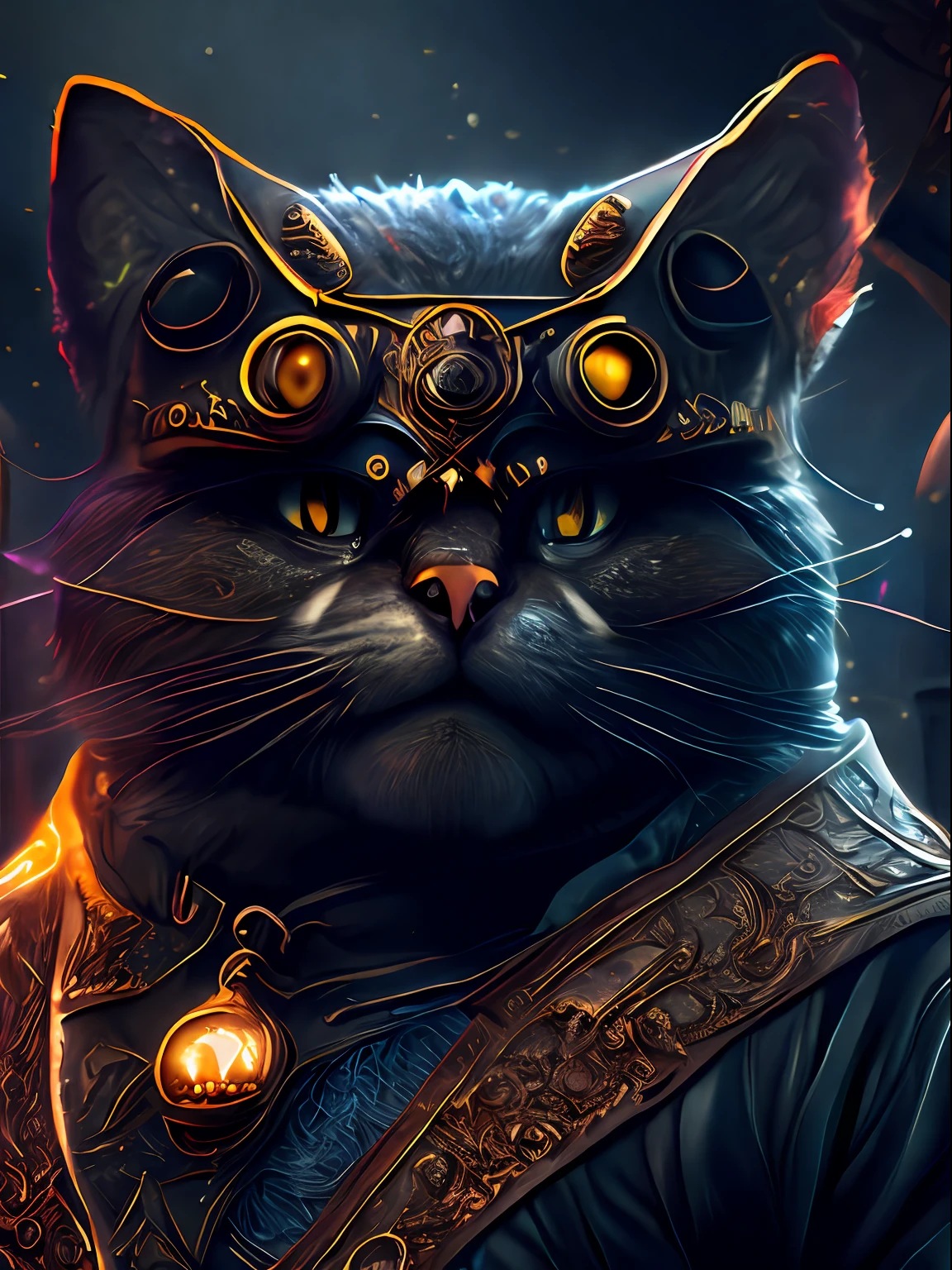 Angry cat god, closeup, steampunk anthropomorphic , black plague mask, Artstation illustrators, intricate details, face, full body portrait, dim light, illustration, UHD, 4K hyper realistic, tension, cold, highly detailed, sharp focus, professional, 8k UHD, cinematic, dark, violent, outdoor, River, battle, chase, dramatic, vivid, nervous vibe, render, epic, twilight, HDR, album cover, blizzard, lightning, cataclysmic