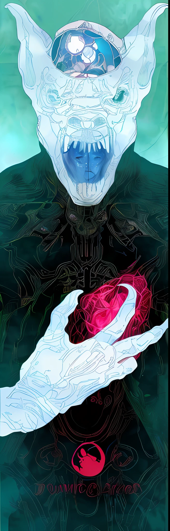 Draw a white face,A man with a red heart in his hand, inspired by Philippe Druillet, Ding-dong , yoshitaka amano and junji ito, moebius and kilian eng, cybernetic demon dreaming, Bio mech, melted cyborg, HR Giger ) ( ( Stained glass