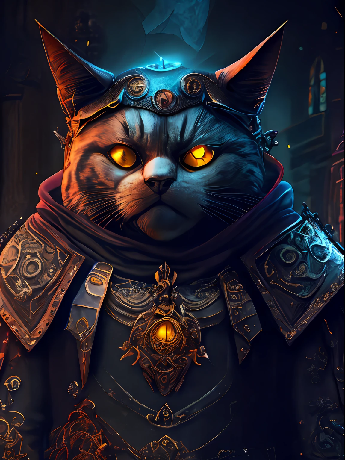 Angry cat god, closeup,  steampunk anthropomorphic , black plague mask,  Artstation illustrators, intricate details, face, full body portrait, dim light, illustration, UHD, 4K hyper realistic, tension, cold, highly detailed, sharp focus, professional, 8k UHD, cinematic, dark, violent, outdoor, River, battle, chase, dramatic, vivid, nervous vibe, render, epic, twilight, HDR, album cover, blizzard, lightning, cataclysmic