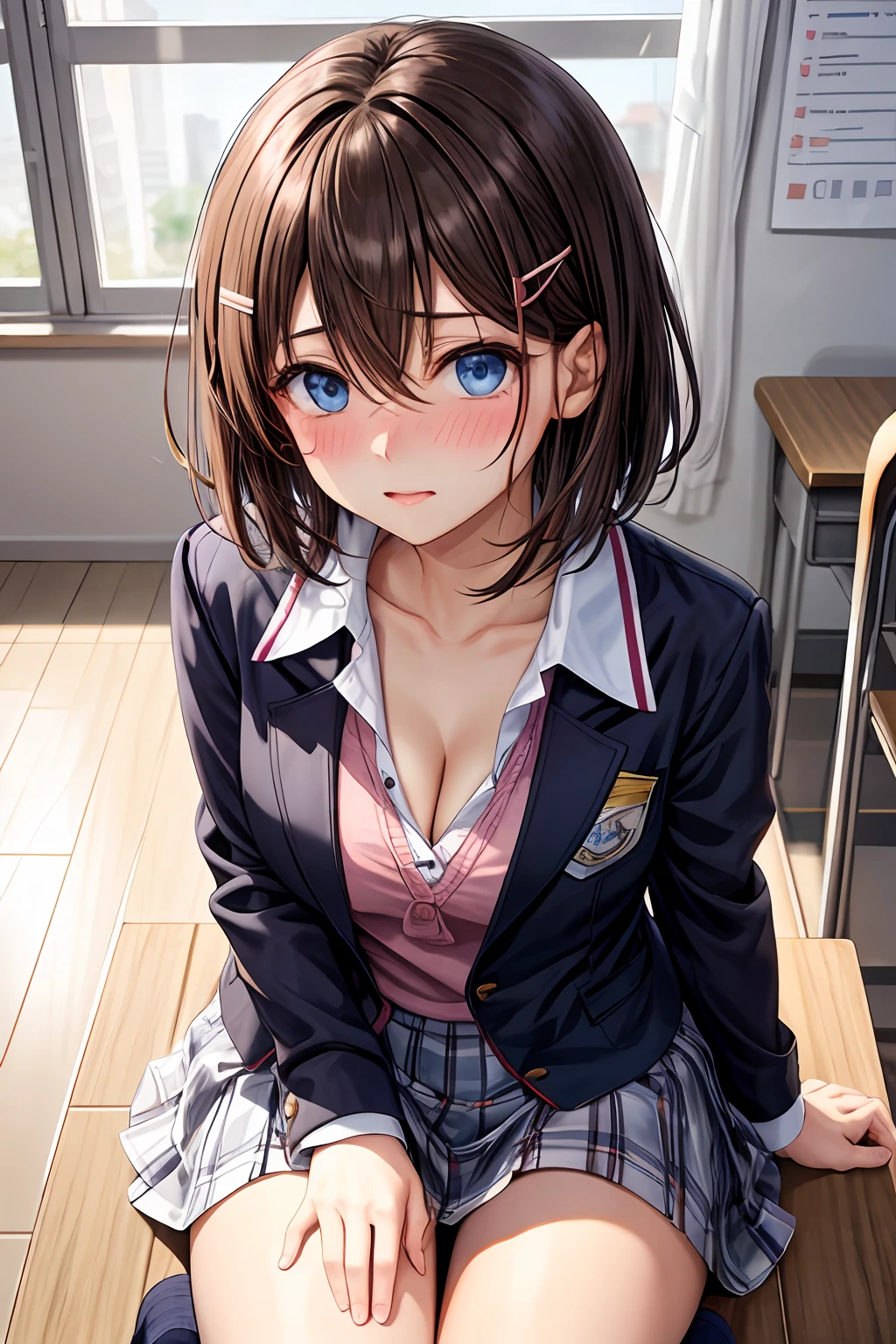 best quality, artbook, 1girl, cute, shame, POV, Audience oriented, kiryuu mizuha, (brown hair, short hair, hair between eyes, blue eyes), cleavage, hairclip, school uniform, pink jacket, white shirt, miniskirt, checkered skirt, socks, open clothes, skirt lift by myself, (school), blush, Sexual arousal, nose blush