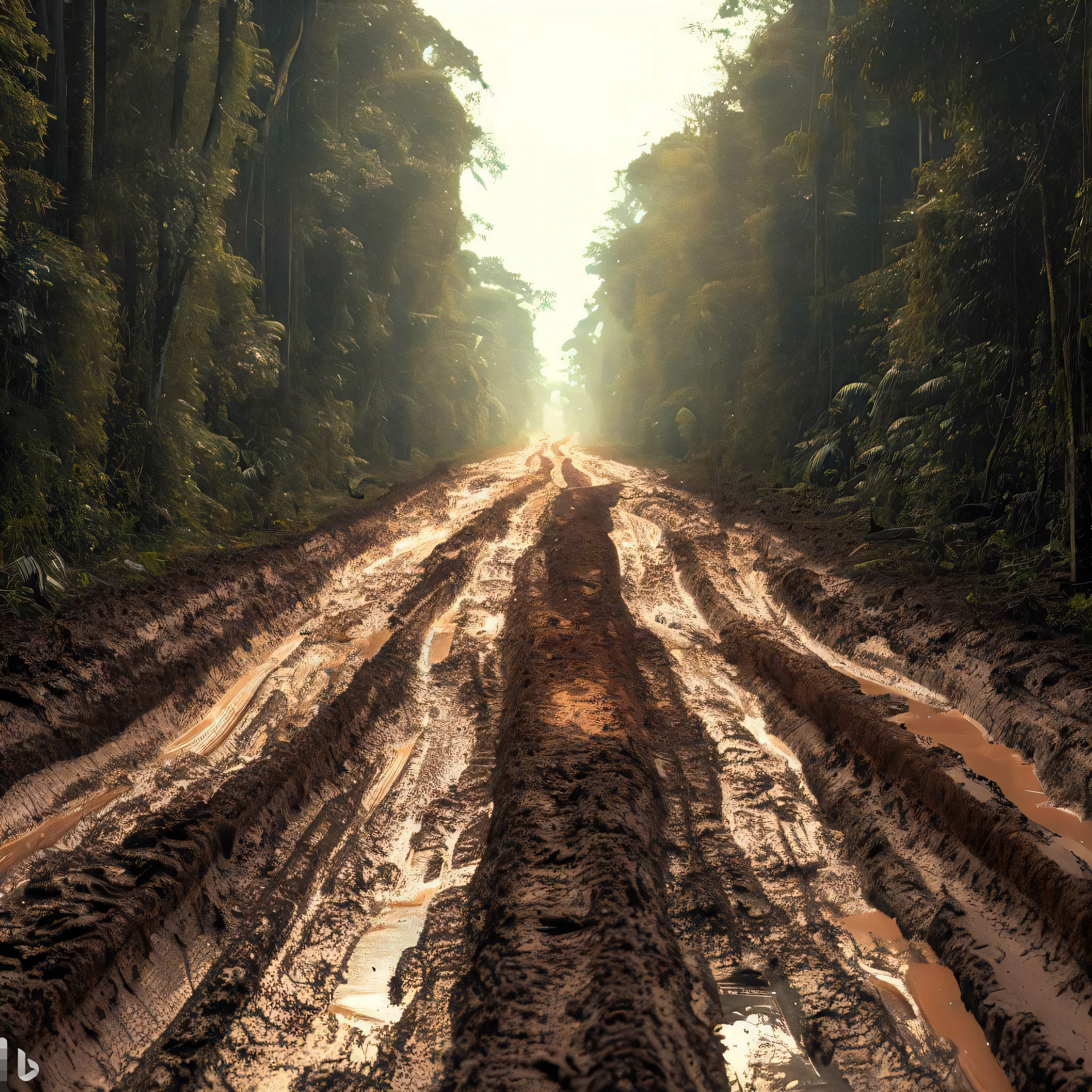 muddy road with trees and dirt on both sides, estrada lamacenta, dirt road, ((((estrada de tijolos de terra)))), fundo da estrada de terra, Viajando por longa estrada de terra, photobashing, Beeple e Jean Giraud, arte conceitual altamente realista, a estrada, Bastien Grivet, inspirado em Michał Karcz, estrada molhada