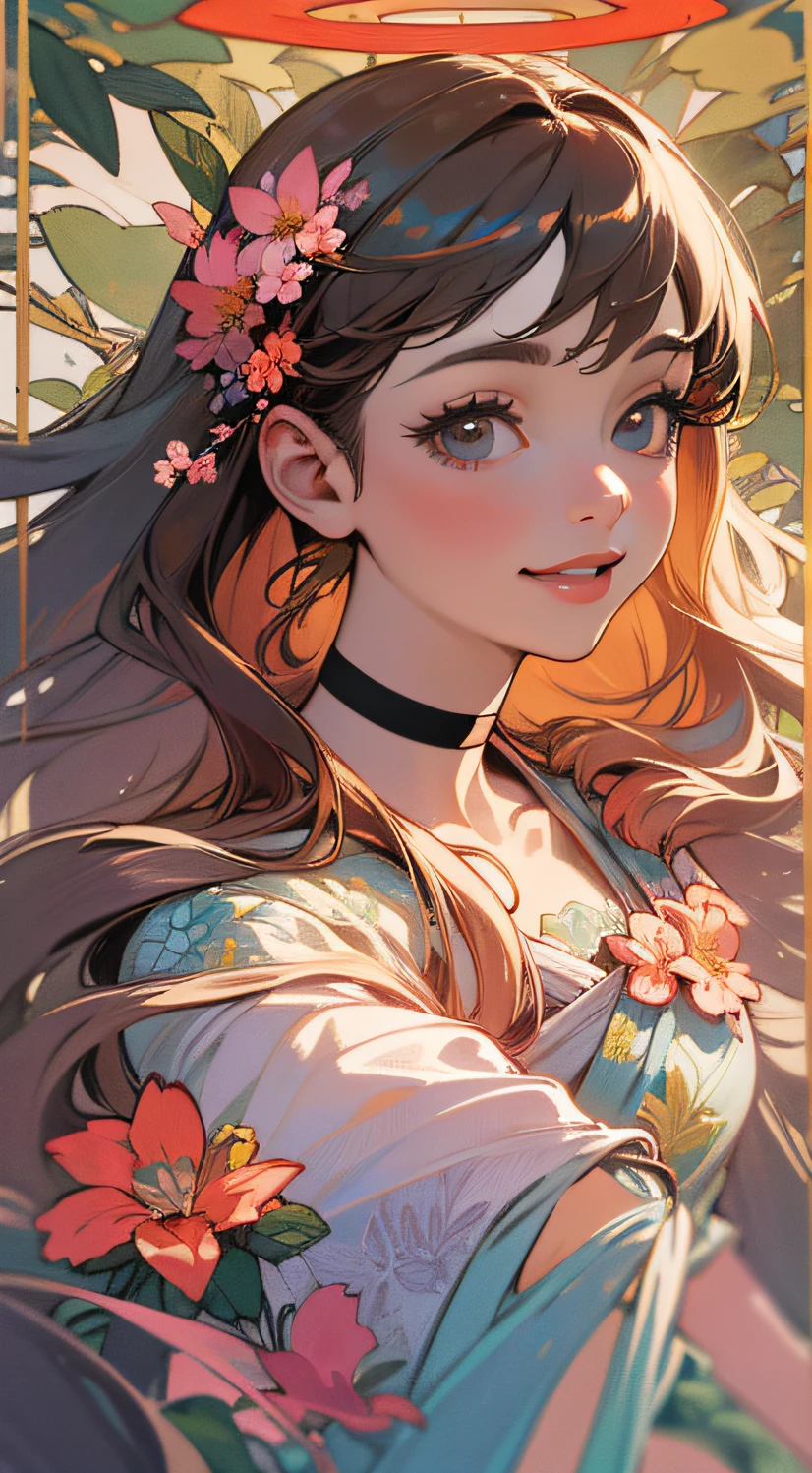 Alpha ounce Mucha, (Decorative composition: 1.6), Masterpiece, High quality, ((Photorealistic)), Film directed by, (High contrast), Depth of field, (Award-winning difference photos), detail in face, Detailed drawing, there is a place in the forest where flowers bloom, girl dancing in a snow-white summer dress in a flower garden, girl is 9 , Very long hair,Brunette hair, Summer sky, Summer clouds, (dazzling sunlight in summer: 1.4), Flower garden, girl with open arms, choker necklace, corolla, Butterflies, Fluttering petals, dynamic movements, (Dance), Make a smile, teeth showing, (((florals))), lianas, leafs, (dazzling halo),