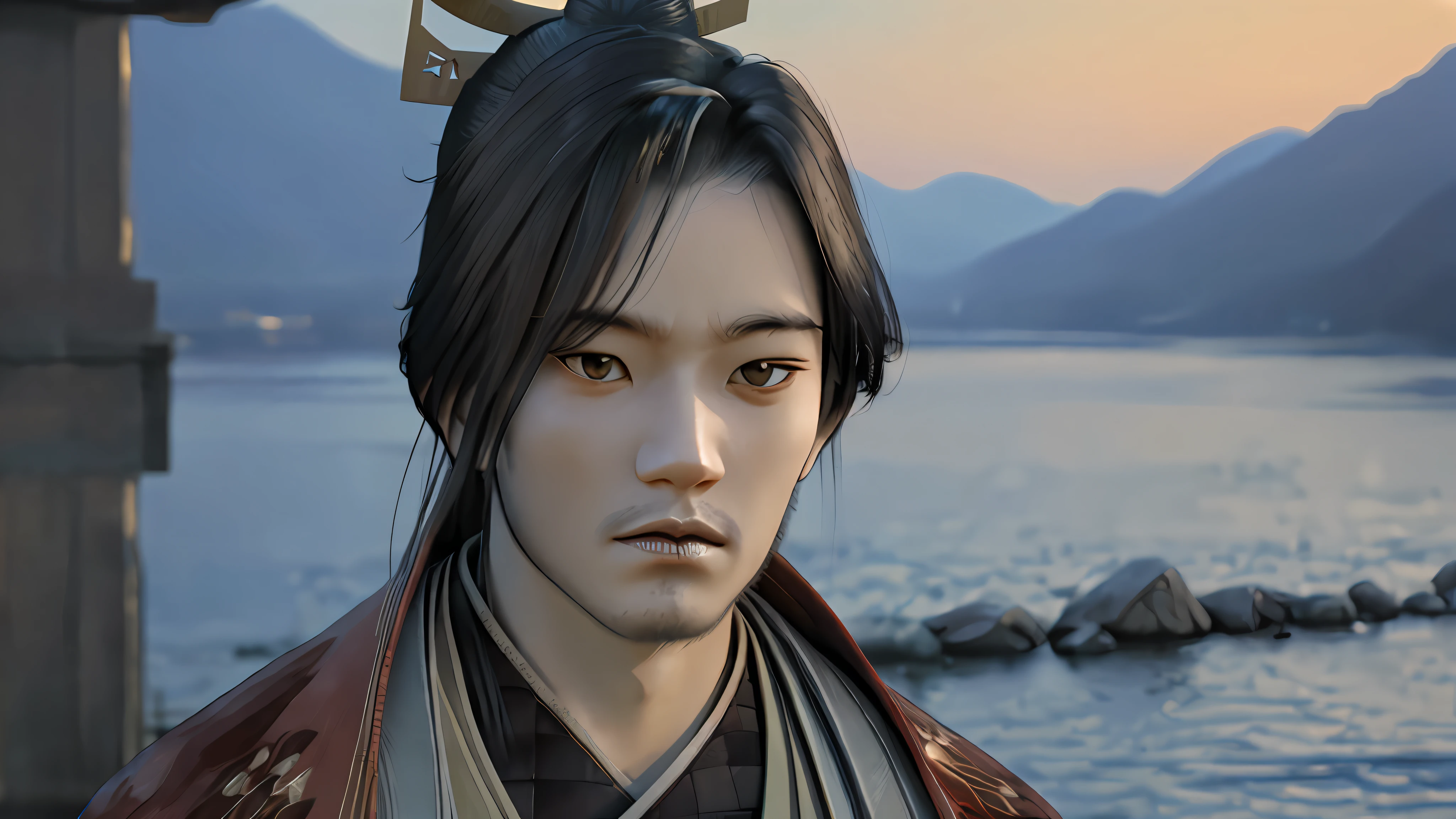 Beautiful Samurai, Meditating sitting, on the edge of a river full of stones, at sunset, ultra realistic photo, perfect face details, good skin texture, perfect shadows and light, award winning photo