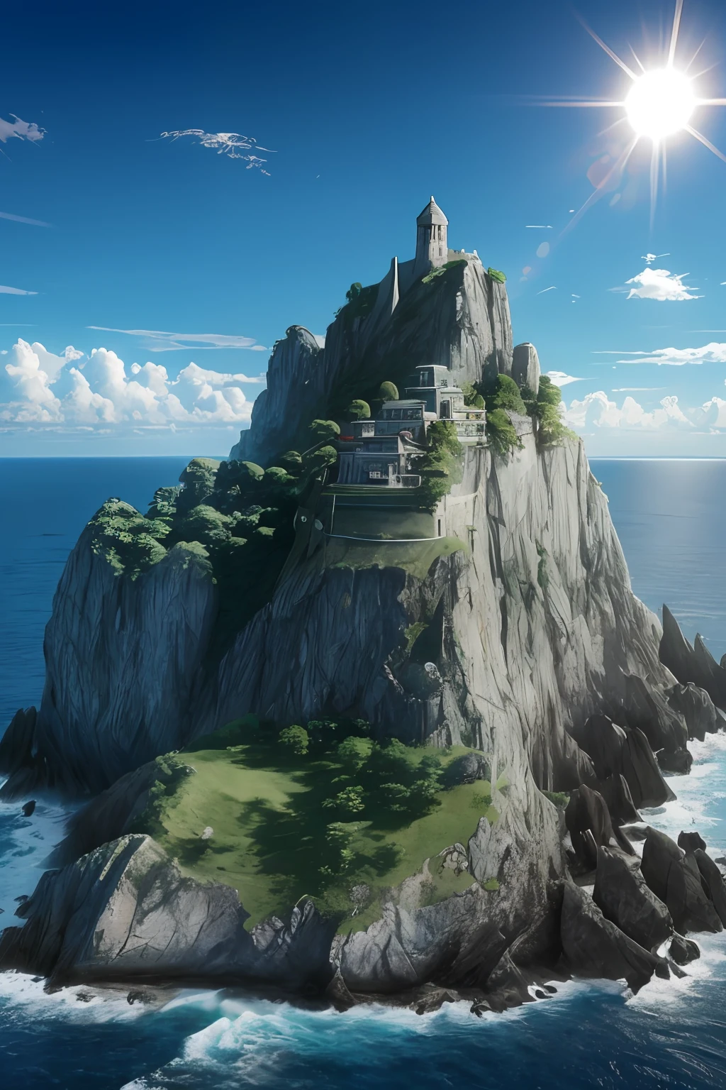 tmasterpiece,best qualtiy,(Very detailed CG unity 8K wallpaper)(best qualtiy),(Most Best Illustration),(Best shadow)Nature',Blue sea,Lonely towering stone island,Very steep island cliffs,Hidden Chinese temple on a cliff,Large Chinese building,Super detailed architectural details,A hollowed-out cliff,Lots of caves,and the sun was shining brightly