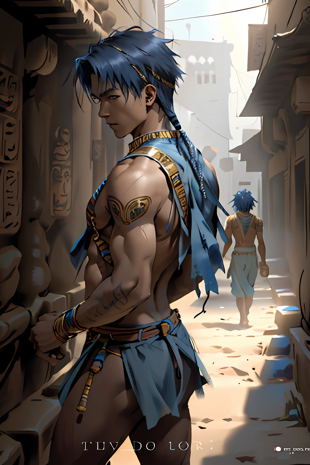 has 14 years of blue hair, The boy with straight hair with his back uncovered and his chest bare but dressed in typical clothes of ancient Egypt with dark skin walking lost through the different streets of a city is noon. doferentes angulos mira la ciudad desde lo slto de una colina.