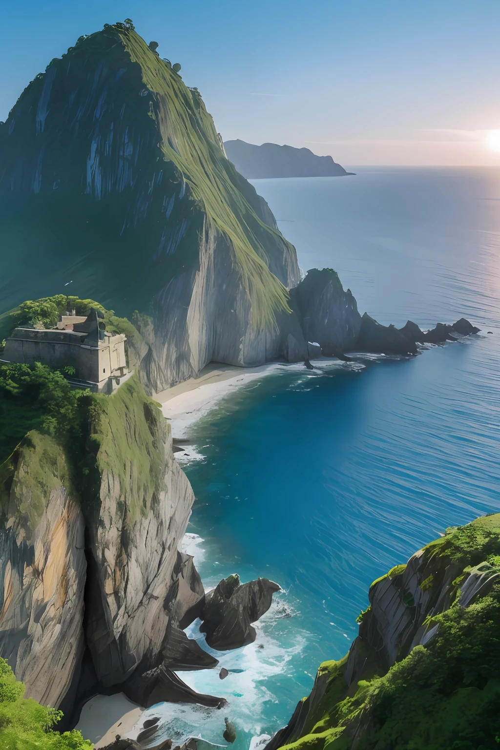 tmasterpiece,best qualtiy,(Very detailed CG unity 8K wallpaper)(best qualtiy),(Most Best Illustration),(Best shadow)Nature',Blue sea,Lonely towering stone island,Very steep island cliffs,Hidden Chinese temple on a cliff,Large Chinese building,Super detailed architectural details,A hollowed-out cliff,Lots of caves,and the sun was shining brightly