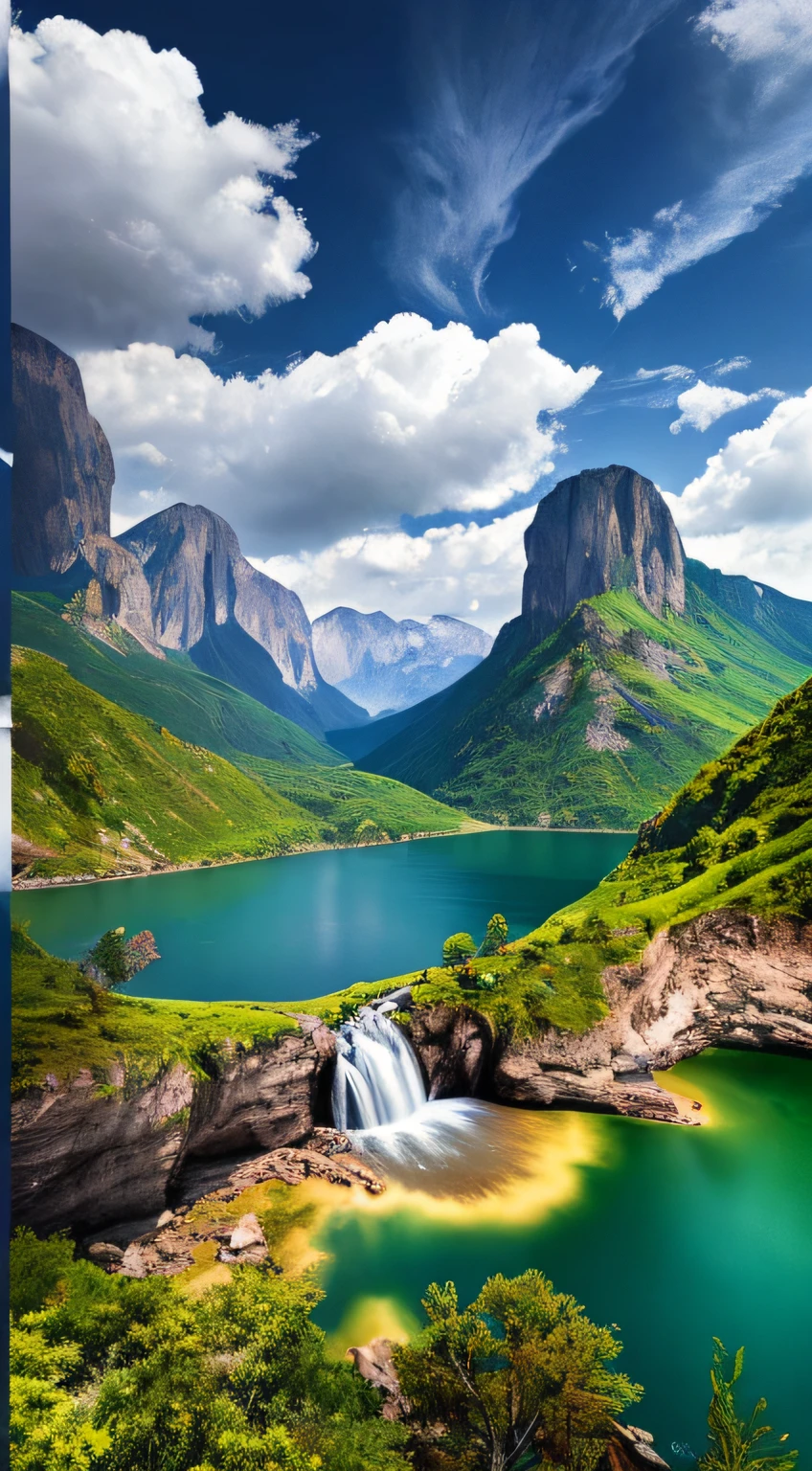 Masterpiece, ultimate quality, Cg unity 8k wallpaper, super delicate, beautiful sky and clouds, rich natural scenery, cliffs, lakes and rivers, waterfalls and flying water, beautiful green mountains, no trace of people, excellent scenery, has already won a photo contest, background Blurring, full depth of field, HDR high dynamics, true restoration, intricate, extreme details, dramatic presentation, perfectly presenting the style of midjourney art.