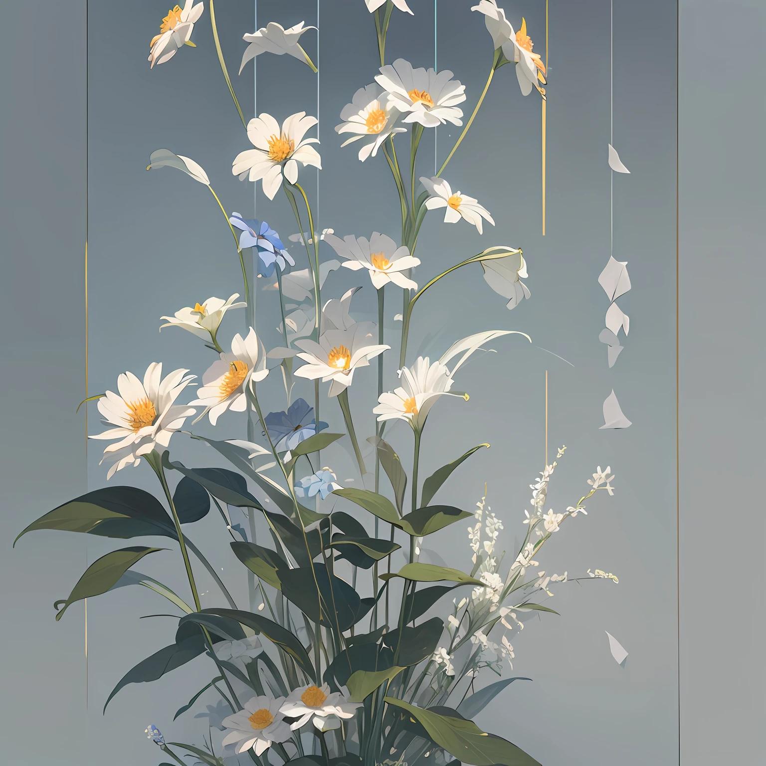 [(​masterpiece, Planar configuration, level, vertical, Equal spacing, Graphic Design)], [(a lot of small flowers, Composition with depth, Flowers bloom all over the screen, Floral motifs spaced across the screen, Vertical green stems are、From top to bottom of the screen、Sparse left-right spacing and depth spacing., lily flowers, gerbera)], [((Light blue-gray solid color background))],