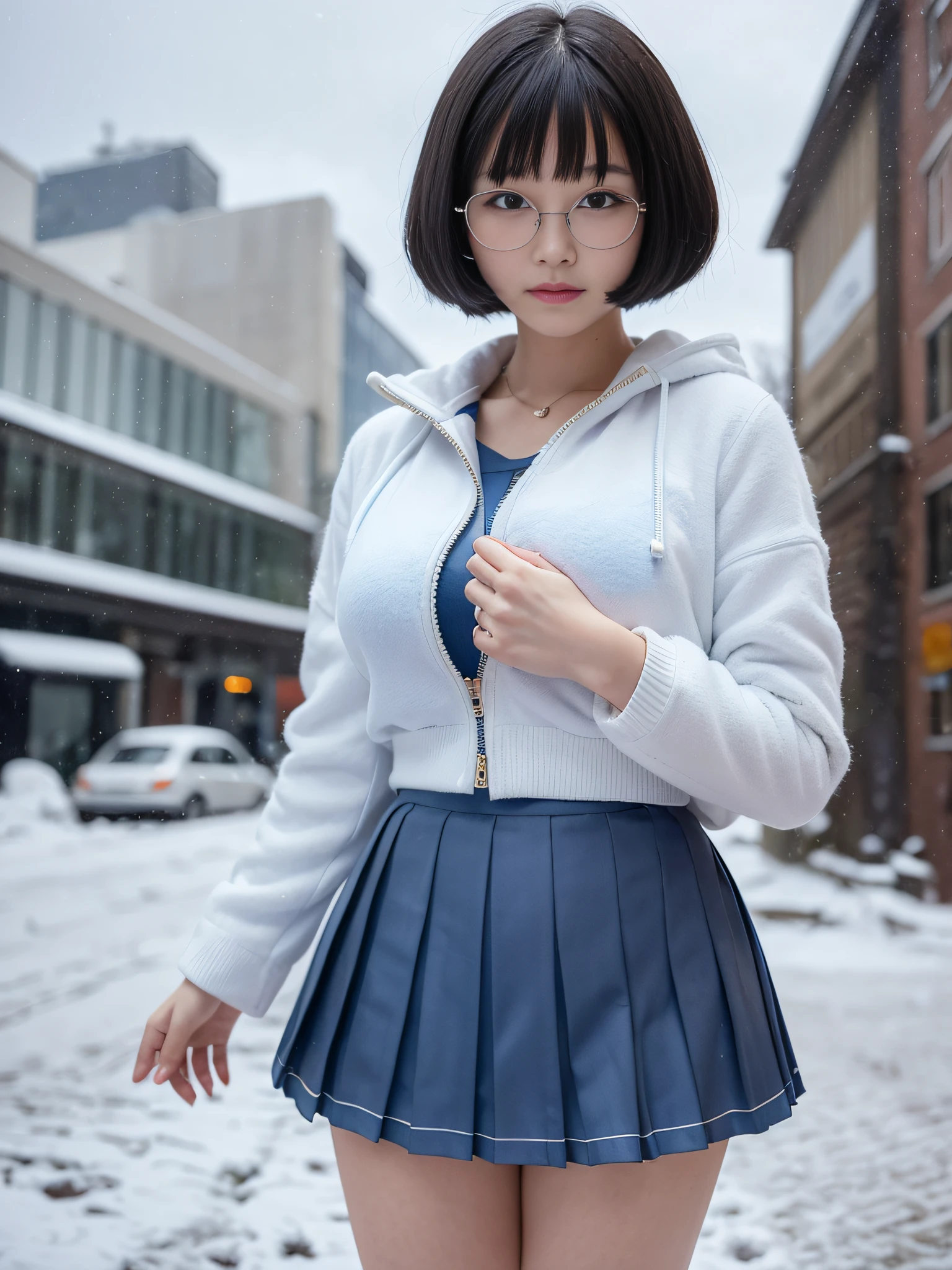 (1lady),black bowl cut,smirk,big breast,eye glass,(White cotton coat),(blue Short skirt ,Pleated skirt:1.4),Standing in a snowy mountain