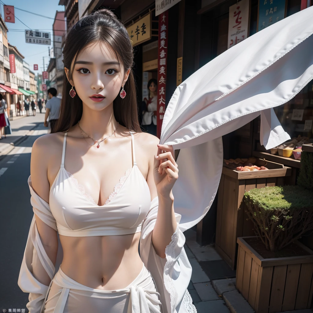 sharp fokus，full bodyesbian，1个Giant Breast Girl, Beautiful Women with Perfect Figure，Slim,Standard female figure, Colorful Hanfu,exteriors，A street in an ancient Chinese city，Ultra-fine face，femminine、Delicate face，Feminine face，Fine eyes，二重まぶた，Slim legs，It has the feeling of a Korean actress，A cup，Lace-trimmed white bra，Red water drop crystal earrings，Pink crystal necklace