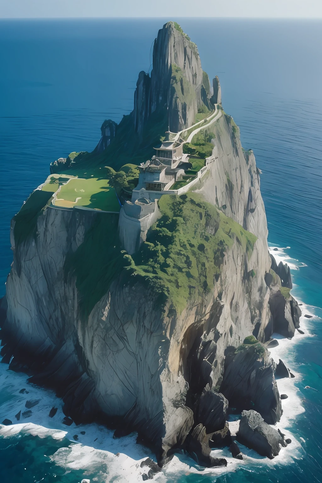 tmasterpiece,best qualtiy,(Very detailed CG unity 8K wallpaper)(best qualtiy),(Most Best Illustration),(Best shadow)Nature',Blue sea,Lonely towering stone island,Very steep island cliffs,Hidden Chinese temple on a cliff,Large Chinese building,Super detailed architectural details,A hollowed-out cliff,Lots of caves,and the sun was shining brightly