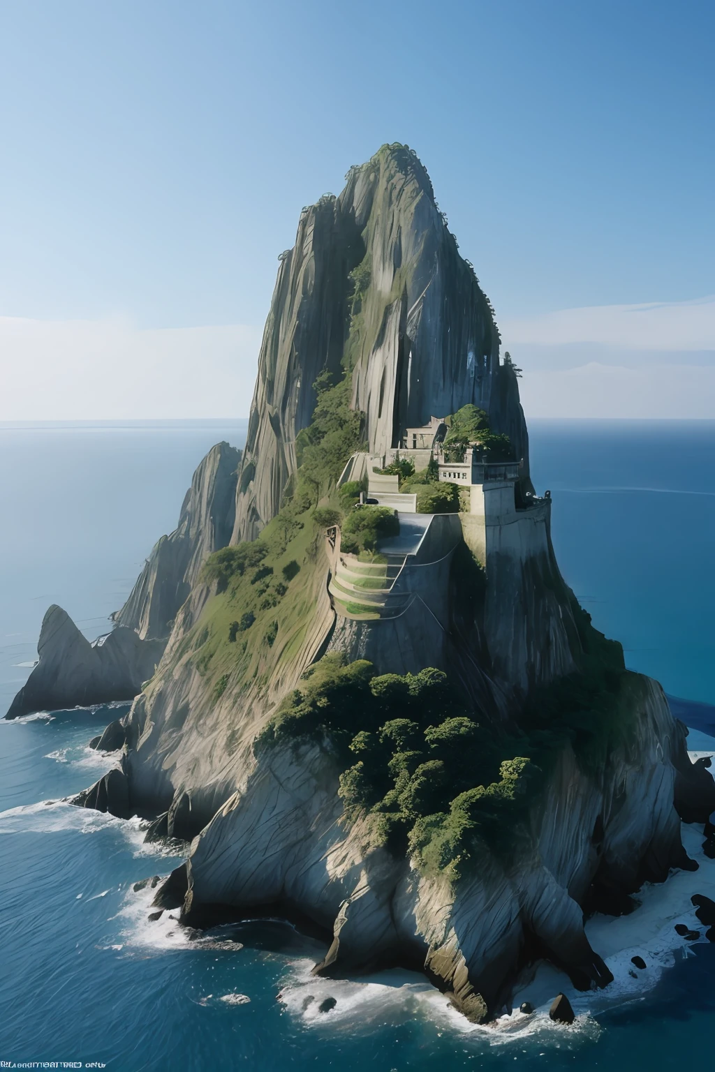 tmasterpiece，best qualtiy，（Very detailed CG unity 8K wallpaper）（best qualtiy），（Most Best Illustration），（Best shadow）Nature'，Blue sea，Lonely towering stone island，Very steep island cliffs，Hidden Chinese temple on a cliff，Large Chinese building，Super detailed architectural details，A hollowed-out cliff，Lots of caves，and the sun was shining brightly