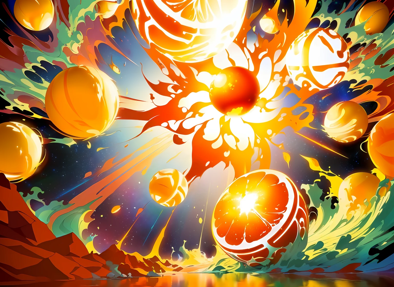 A spherical elf,Next to you is the exploding planet of oranges,Below is a river of orange juice flowing water,bold graphic shapes,Modern design illustration,orange colors,Cinematic light and shadow,Best Picture Quality,4k, animated movie still, animated still, Bright explosion, background artwork, animated movie still, bright happy atmosphere, Official artwork, vibrant cartoon art, very very happy!, Digital art. colorful comic, production art, promotional art, expressive digital painting, The sun is exploding, animated still, Animated still screen cover Background artwork, orange planet, Bright explosion, orange ray, A beautiful artwork illustration, Official artwork, style of anime4 K, arte de fundo, cyril rolando and goro fujita, Anime art wallpaper 4 K, Anime art wallpaper 4k, Splash Art, hot and sunny highly-detailed