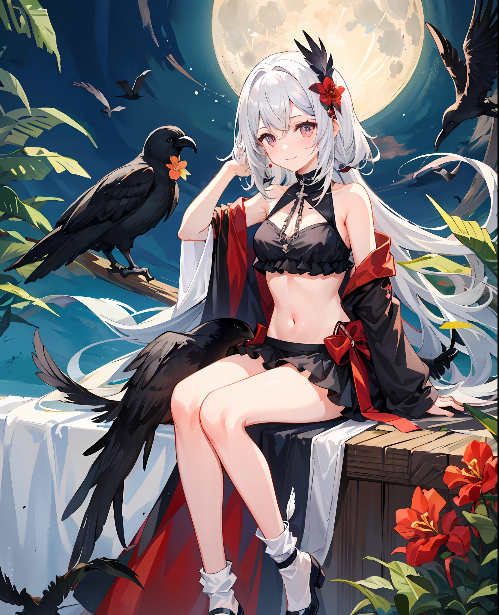 (Masterpiece), (Best quality), full bodyesbian,Simple background,Sitting,
1girll,Shiny hair,White hair,feathers hair ornament, White cloak, ((See-through)),navel,Light smile,
plant, flower, full_Moon,detective theme,((black sock)), ((crow)),Chains,废墟,
1 gir, in flower,black_Bikini,1girl in flower ,navel,