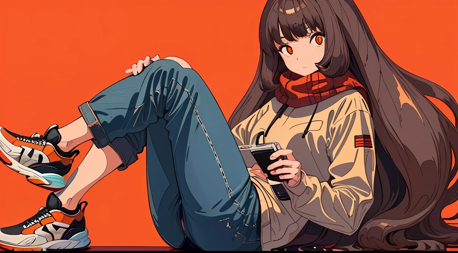 1girl, long hair, brown hair, wavy hair, orange pupils, 172 centimeter height, 22 years old, red scarf, long coat, jeans, sneakers, cabin in the woods background