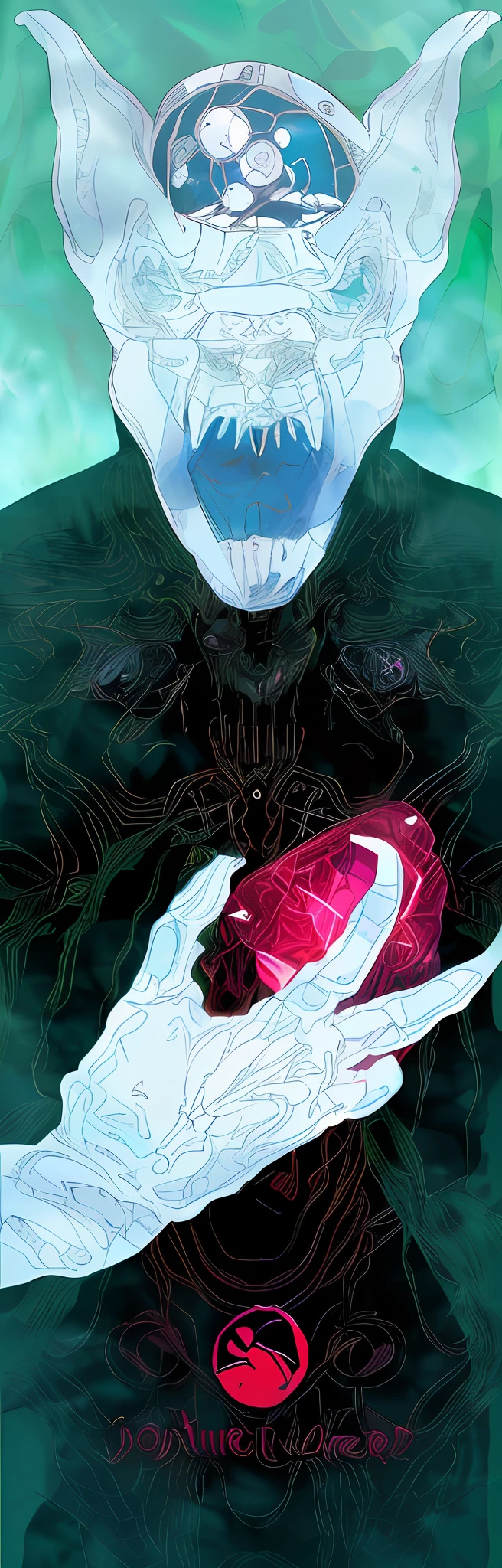 Draw a white face，A man with a red heart in his hand, inspired by Philippe Druillet, ding-dong , yoshitaka amano and junji ito, moebius and kilian eng, cybernetic demon dreaming, Bio mech, melted cyborg, HR Giger ) ( ( Stained glass