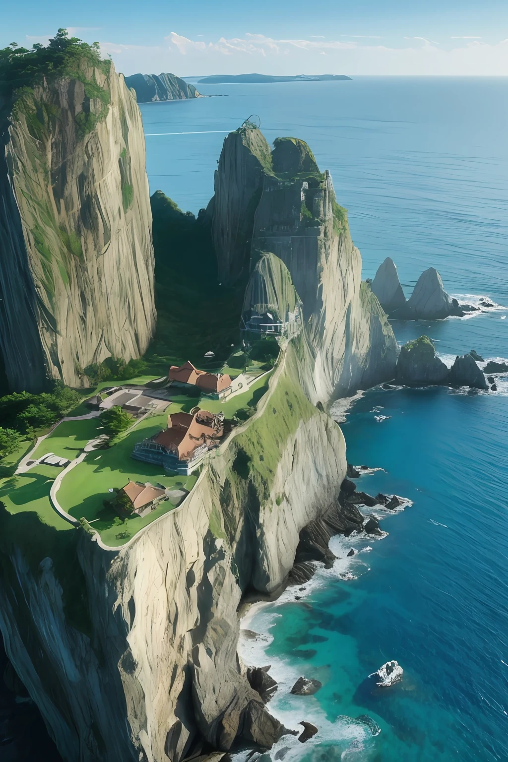 tmasterpiece,best qualtiy,(Very detailed CG unity 8K wallpaper)(best qualtiy),(Most Best Illustration),(Best shadow)Nature',Blue sea,Lonely towering stone island,Very steep island cliffs,Hidden Chinese temple on a cliff,Large Chinese building,Super detailed architectural details,A hollowed-out cliff,Lots of caves,and the sun was shining brightly