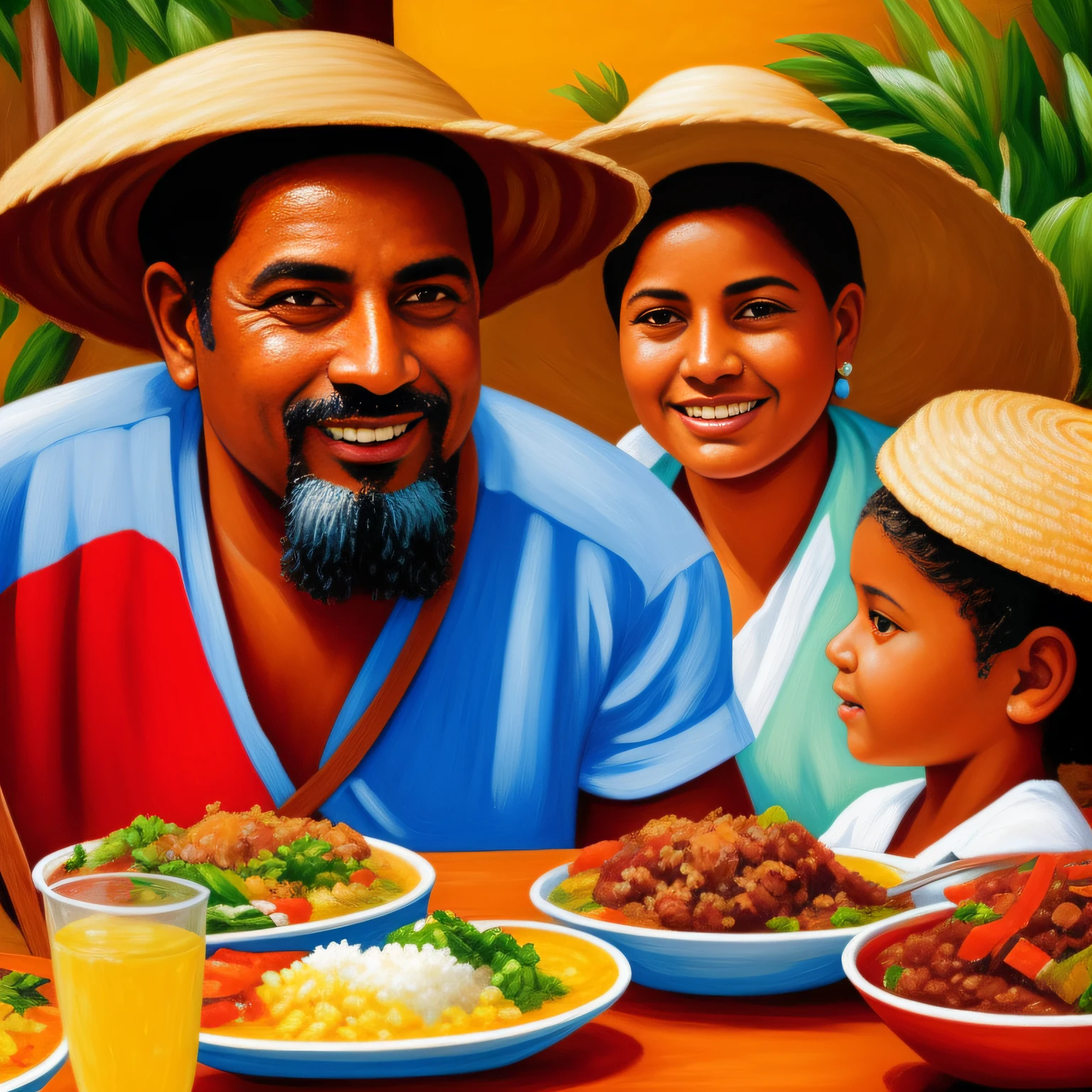 um mineiro loiro de 35 anos, wearing a straw hat and eating feijoada at a traditional restaurant in the state of Minas Gerais. Estilo de pintura: "impressionismo", com cores vibrantes bem definidas em 8K. Paint so that characters are easily recognizable and reveal the perfection of the characters' facial expressions.