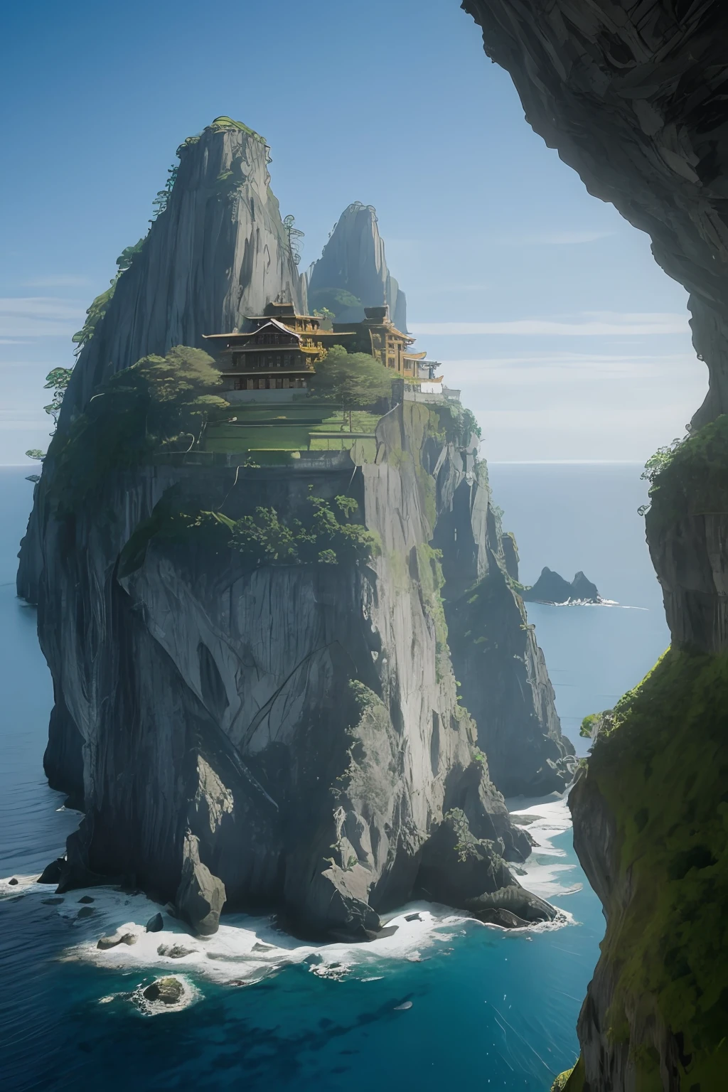 tmasterpiece,best qualtiy,(Very detailed CG unity 8K wallpaper)(best qualtiy),(Most Best Illustration),(Best shadow)Nature',Blue sea,Lonely towering stone island,Very steep island cliffs,Hidden Chinese temple on a cliff,Large Chinese building,Super detailed architectural details,A hollowed-out mountain,Lots of caves,Very many caves,and the sun was shining brightly
