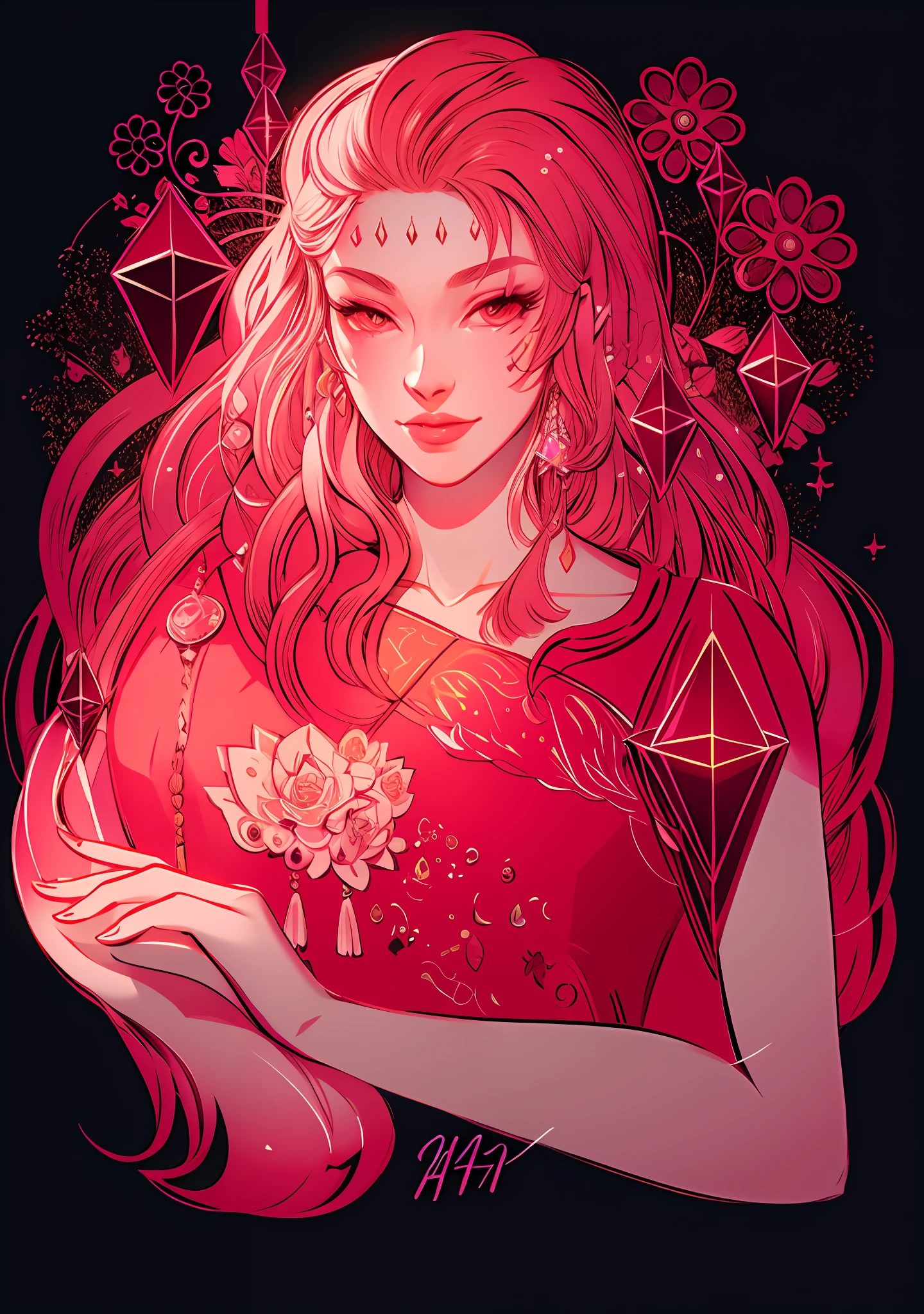 there is a girl with long hair and a pink dress holding a diamond, portrait of magical girl, in style of digital illustration, matte digital illustration, detailed fanart, loish |, diamond and rose quartz, in the art style of bowater, a beautiful artwork illustration, soft anime illustration, digital anime illustration, jen bartel, lowres,, beautiful line art, detailed manga style, extremely fine ink lineart,exquisite line art, perfect lineart,exquisite line art, exquisite digital illustration, detailed digital drawing,digital anime illustration, a beautiful artwork illustration, detailed matte fantasy portrait, beautiful line art, great digital art with details, goddess. extremely high detail, 4k detailed digital art, stunning digital illustration, digital fantasy illustration,((Best quality)), ((masterpiece)), (detailed:1.4), 3D, an image of a beautiful female,HDR (High Dynamic Range),Ray Tracing,NVIDIA RTX,Super-Resolution,Unreal 5,Subsurface scattering,PBR Texturing,Post-processing,Anisotropic Filtering,Depth-of-field,Maximum clarity and sharpness,Multi-layered textures,Albedo and Specular maps,Surface shading,Accurate simulation of light-material interaction,Perfect proportions,Octane Render, Two-tone lighting,Wide aperture,Low ISO,White balance,Rule of thirds,8K RAW,subsurface scattering, best ratio of four fingers and one thumb,