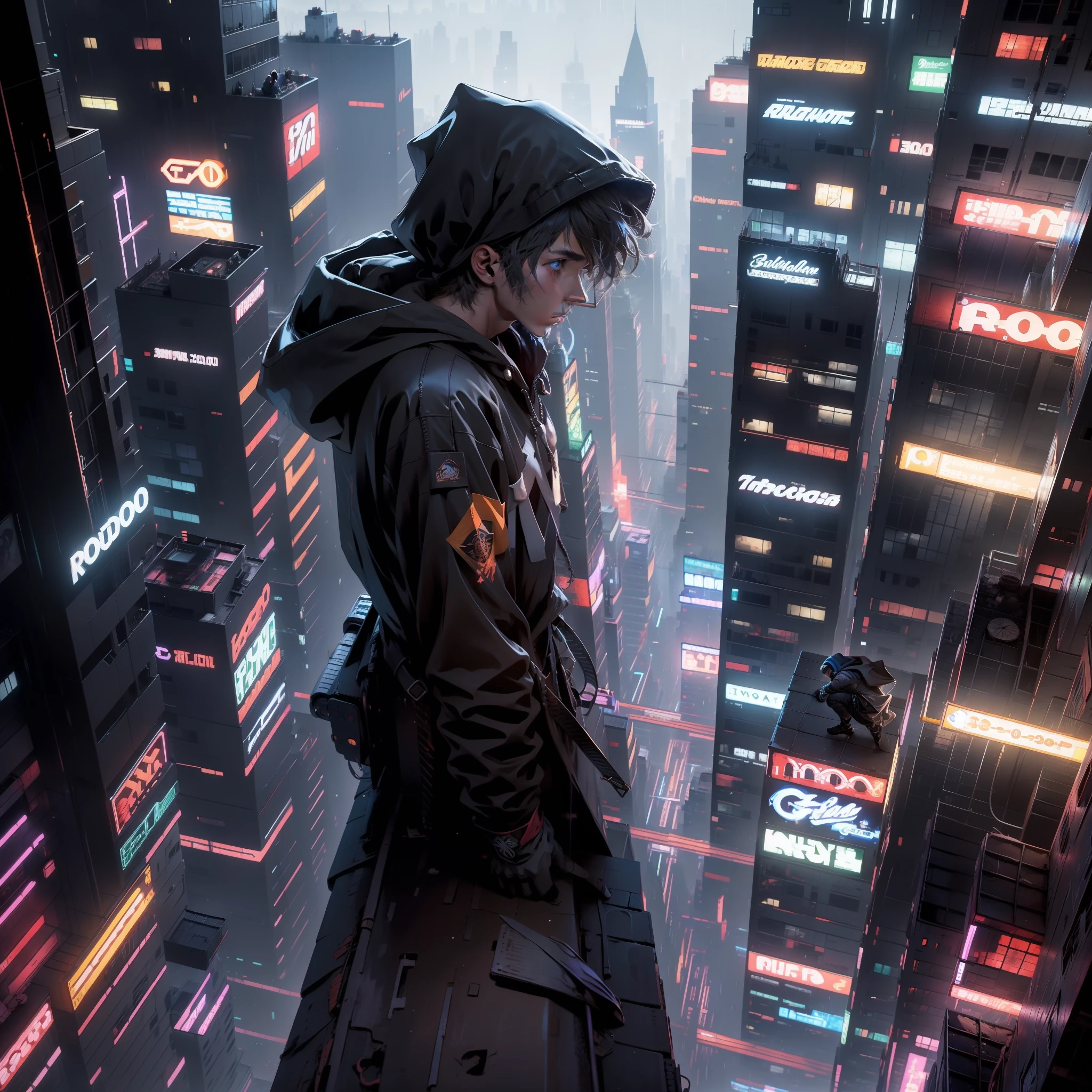 A 20-year-old boy wearing a hood stands alone on the roof of a building,The focus is on the hustle and bustle of the city and the loneliness of the boys,The scene is grand,There is a sense of atmosphere