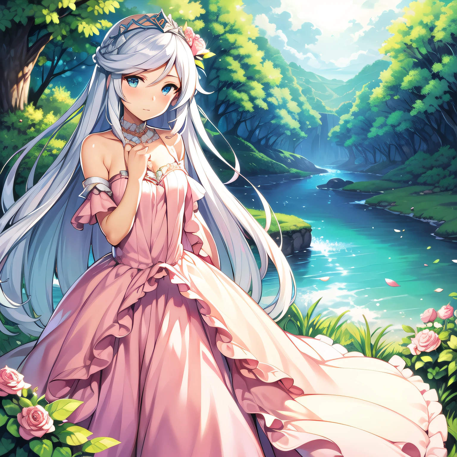 ((Masterpiece)), (((Best quality))), ((Ultra-detailed)), ((illustration)), ((Disheveled hair)), ((frilld)), (1 girl), (Solo), Bare shoulders, Blue eyes, bushes, Castle, Clothing, Cloud, Cloudy sky, crown, day, dress, Female, flower, Hand on chest, hand on her own chest, Headwear, jewelry, Long hair, view the viewer, necklace, Outdoors, petals, Pink dress, Rose, Silver hair, sky, No shoulder strap, Strapless dress, head gear, two sides up, Very long hair, White hair, Wind,
