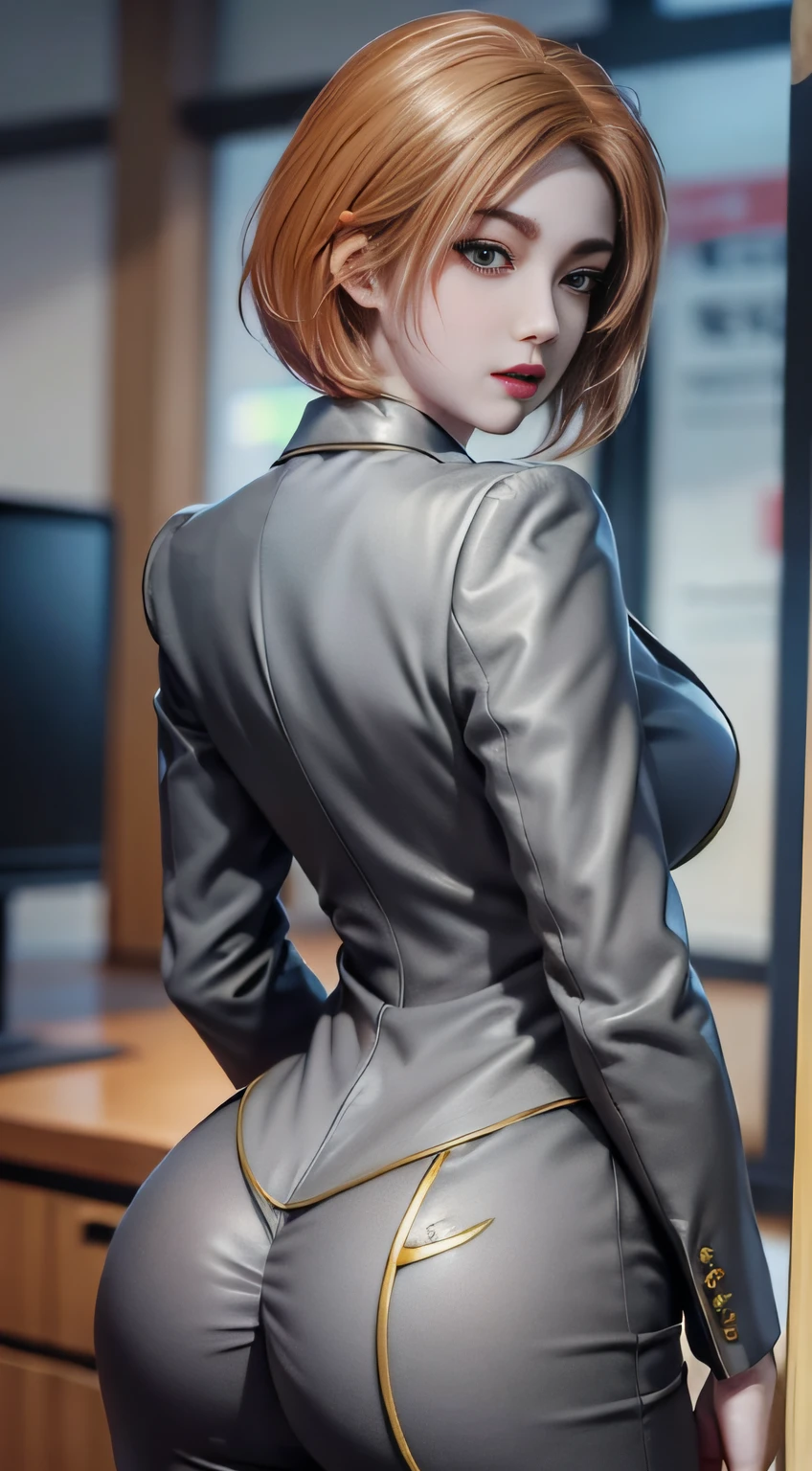 (Best quality, 8k, 32k, Masterpiece, UHD:1.2), 1girl, beautiy Japanese woman, narrow waist, grey suit, open jacket, office lady, suit, pants, from behind, office room, desk, (stick out one's buttocks:1.2), detailed face, short hair,