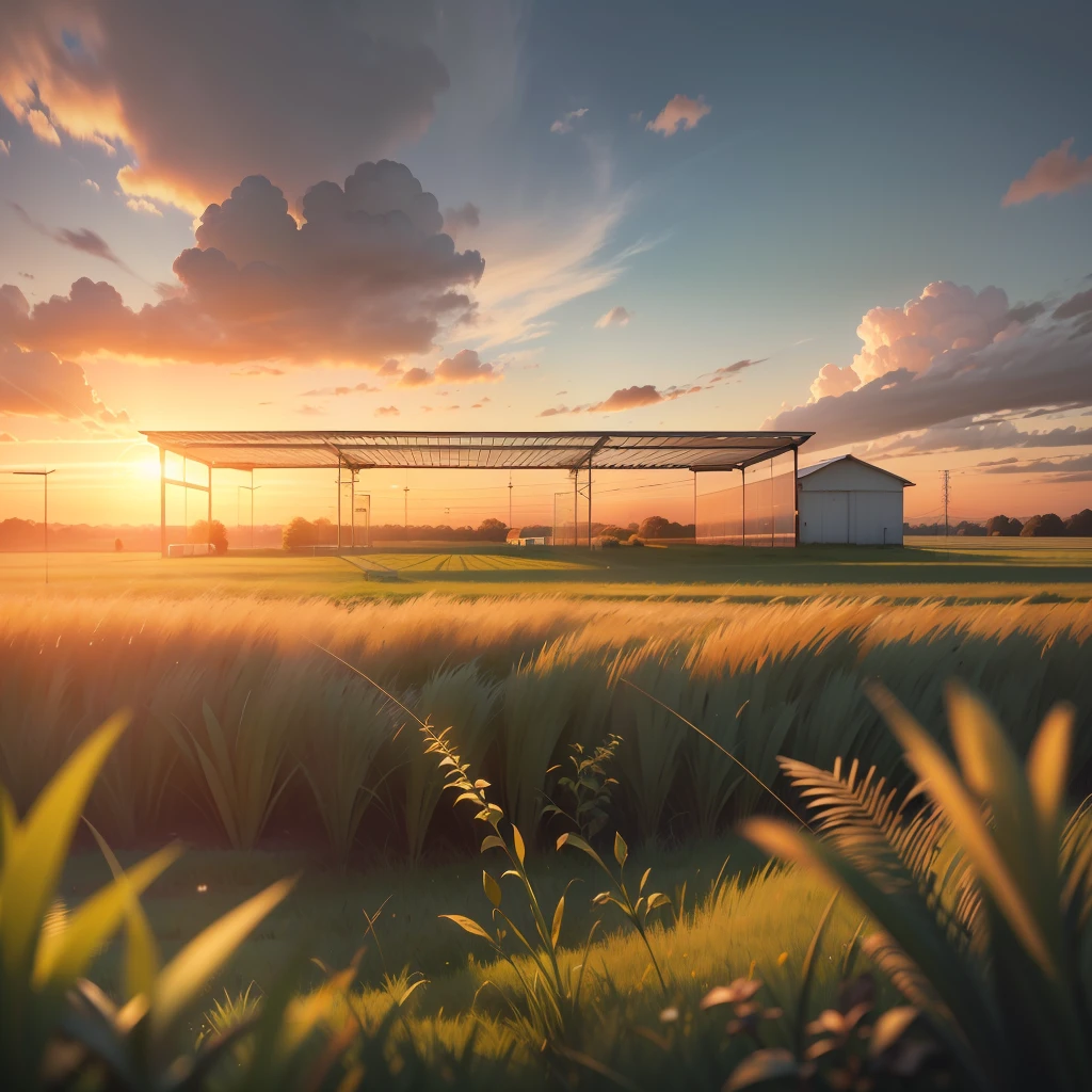 The bright, setting sun behind a solar panel structure over a field of green grass 4K --auto --s2