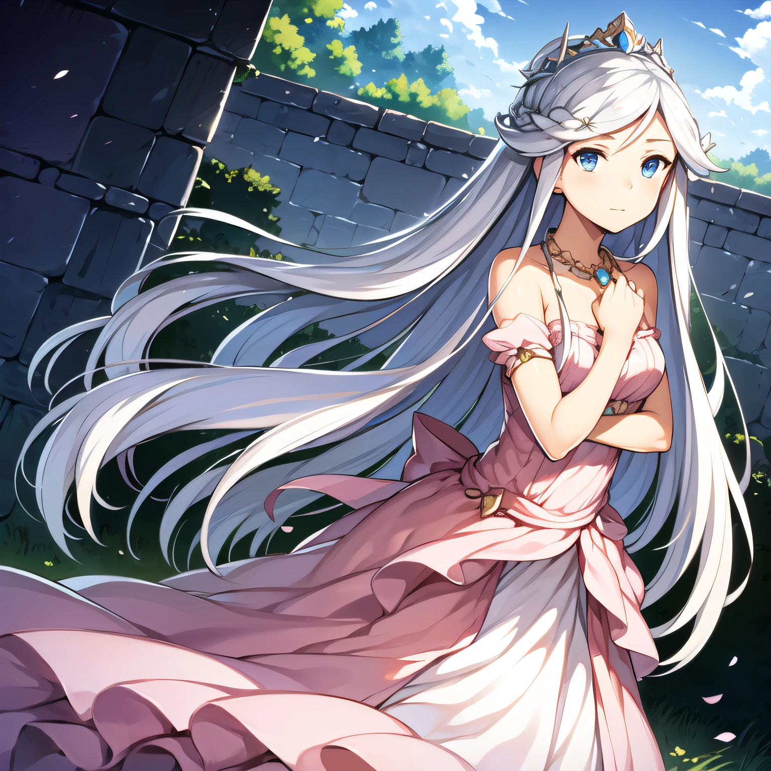 ((Masterpiece)), (((Best quality))), ((Ultra-detailed)), ((illustration)), ((Disheveled hair)), ((frilld)), (1 girl), (Solo), Bare shoulders, Blue eyes, bushes, Castle, Clothing, Cloud, Cloudy sky, crown, day, dress, Female, flower, Hand on chest, hand on her own chest, Headwear, jewelry, Long hair, view the viewer, necklace, Outdoors, petals, Pink dress, Rose, Silver hair, sky, No shoulder strap, Strapless dress, head gear, two sides up, Very long hair, White hair, Wind,