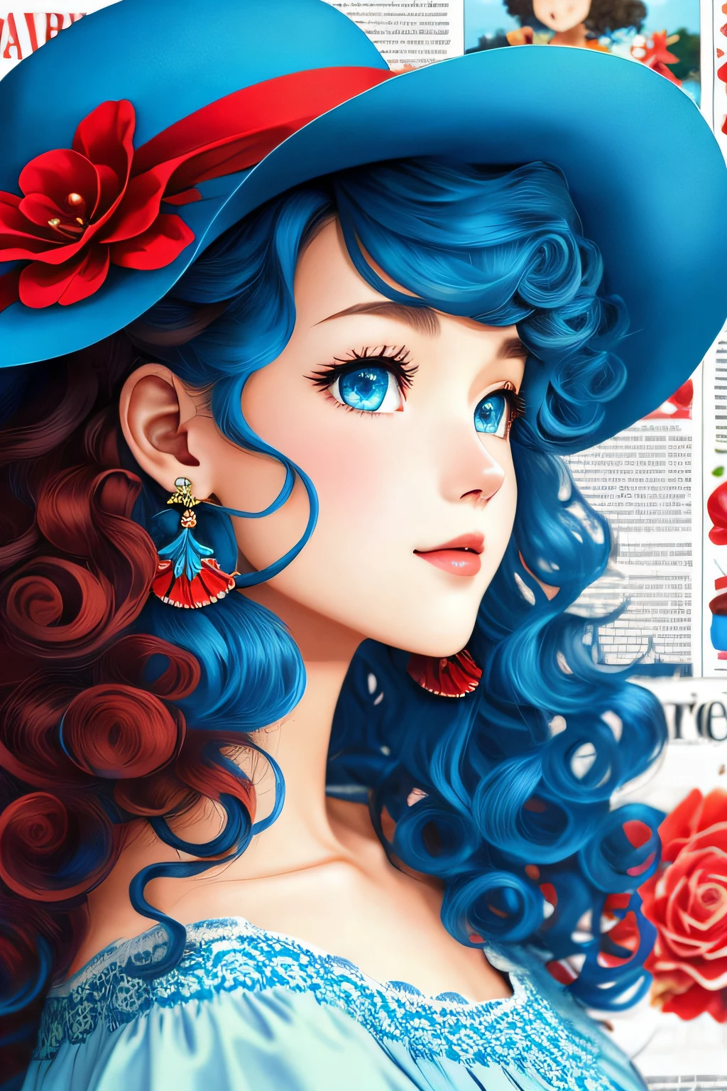 Newspaper background,Curly hair in waves,blue color eyes,Red hat,Petal dress,one-girl,There are earrings,hiyao miyazaki,comic strip,8k,A high resolution