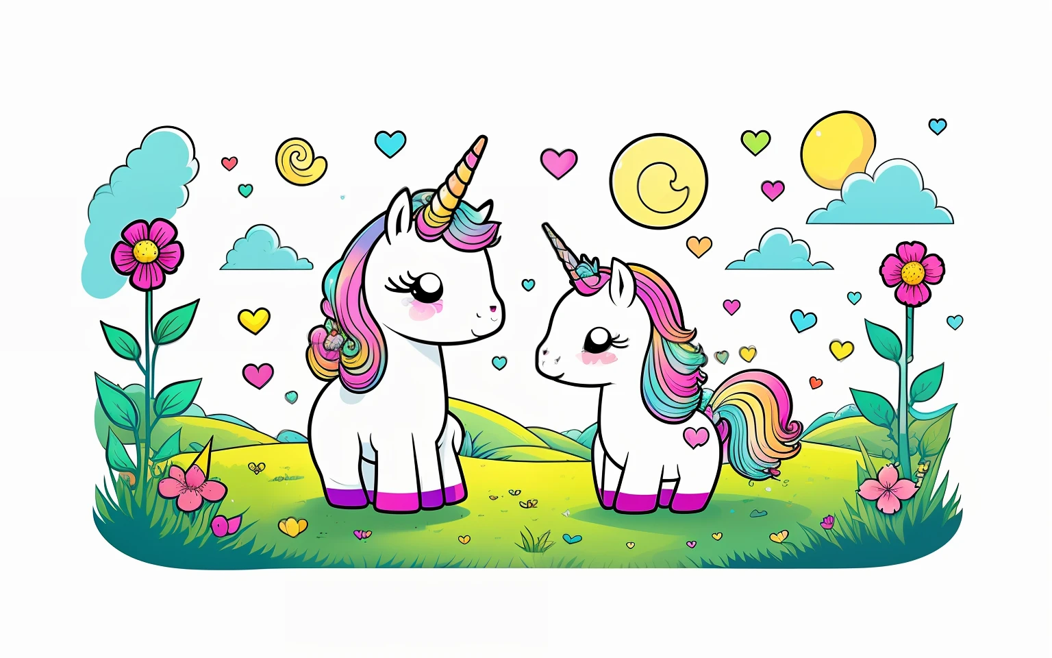 Arte vectorial de un lindo y feliz unicornio kawaii solitario corazones y flores, retraro fantastico, Destellos, sin color, hoja blanca, chozas de hadas, libro para colorear, for children, minimal, 1 sticker