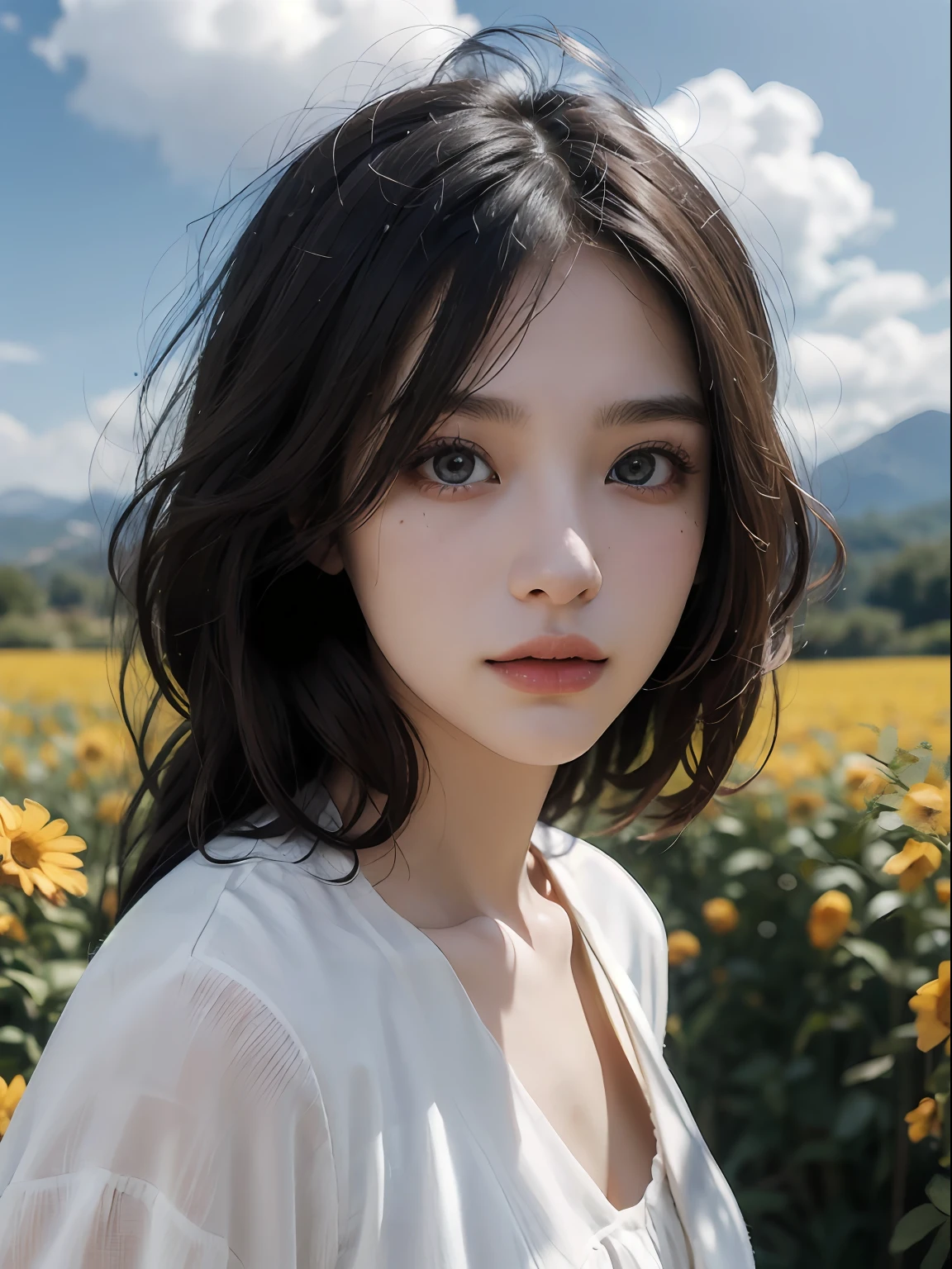 ((styled:Pure+ultra-realistic realism)，White skin texture，eyes with brightness)，lightand shade contrast，high textured，ultra HD picture quality，full bodyesbian，tall nose bridge，dynamic angle，Clouds and mountains，Flower field prospects，Light tracing，realisticlying，offcial art，Unity 8k壁纸，ultra - detailed，Beautiful and beautiful，tmasterpiece，best qualityer，Glowing skin，cinmatic lighting。