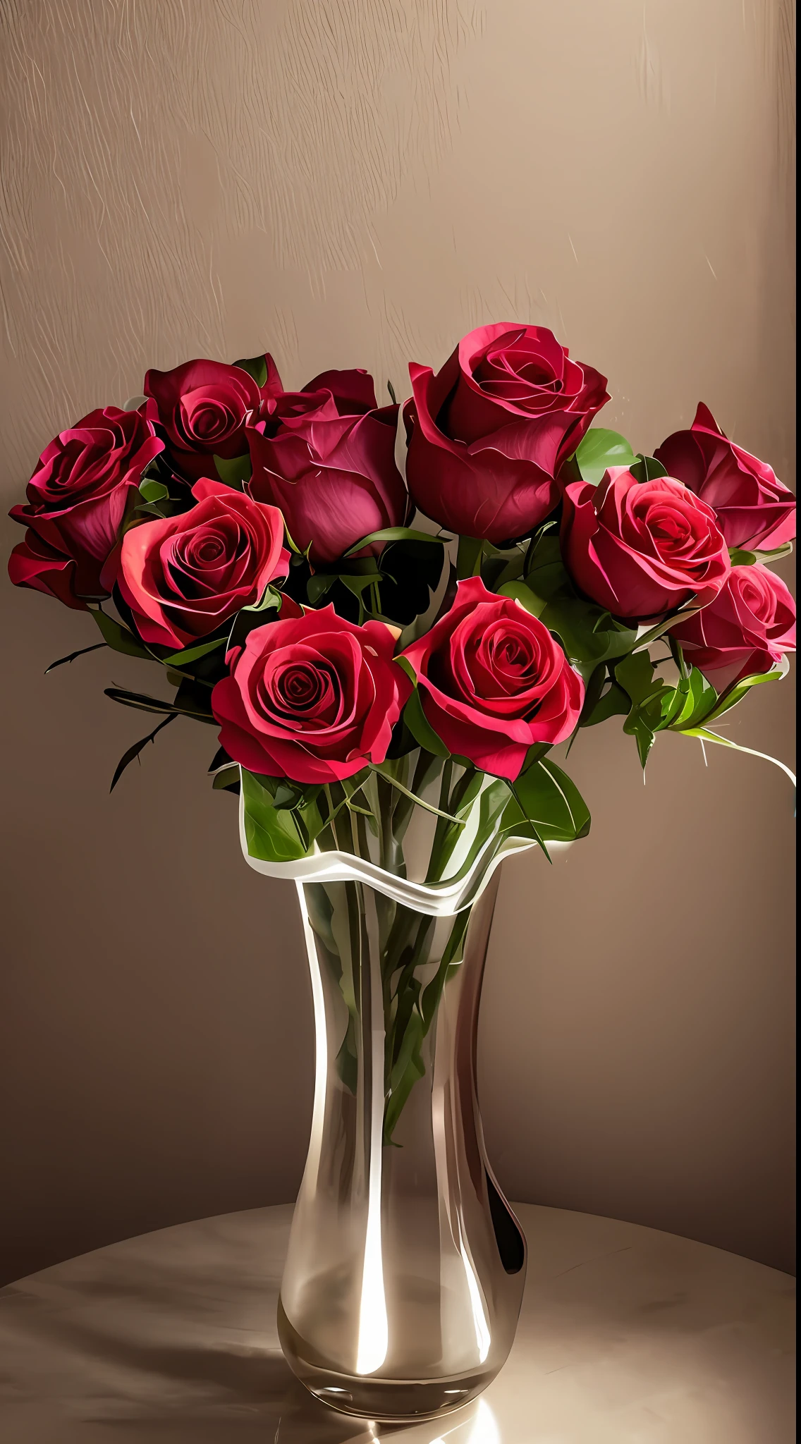 There is a vase on the table,There are pink roses inside, Red neon rose, rosette, small red roses, i dream of a vase flowers, in a short round glass vase, Pink flowers, pink rosa, a few roses, roses in cinematic light, natural point rose', vibrant pink, decorative roses, some pink, elegant flowers, rose twining, Abstract smoked rose