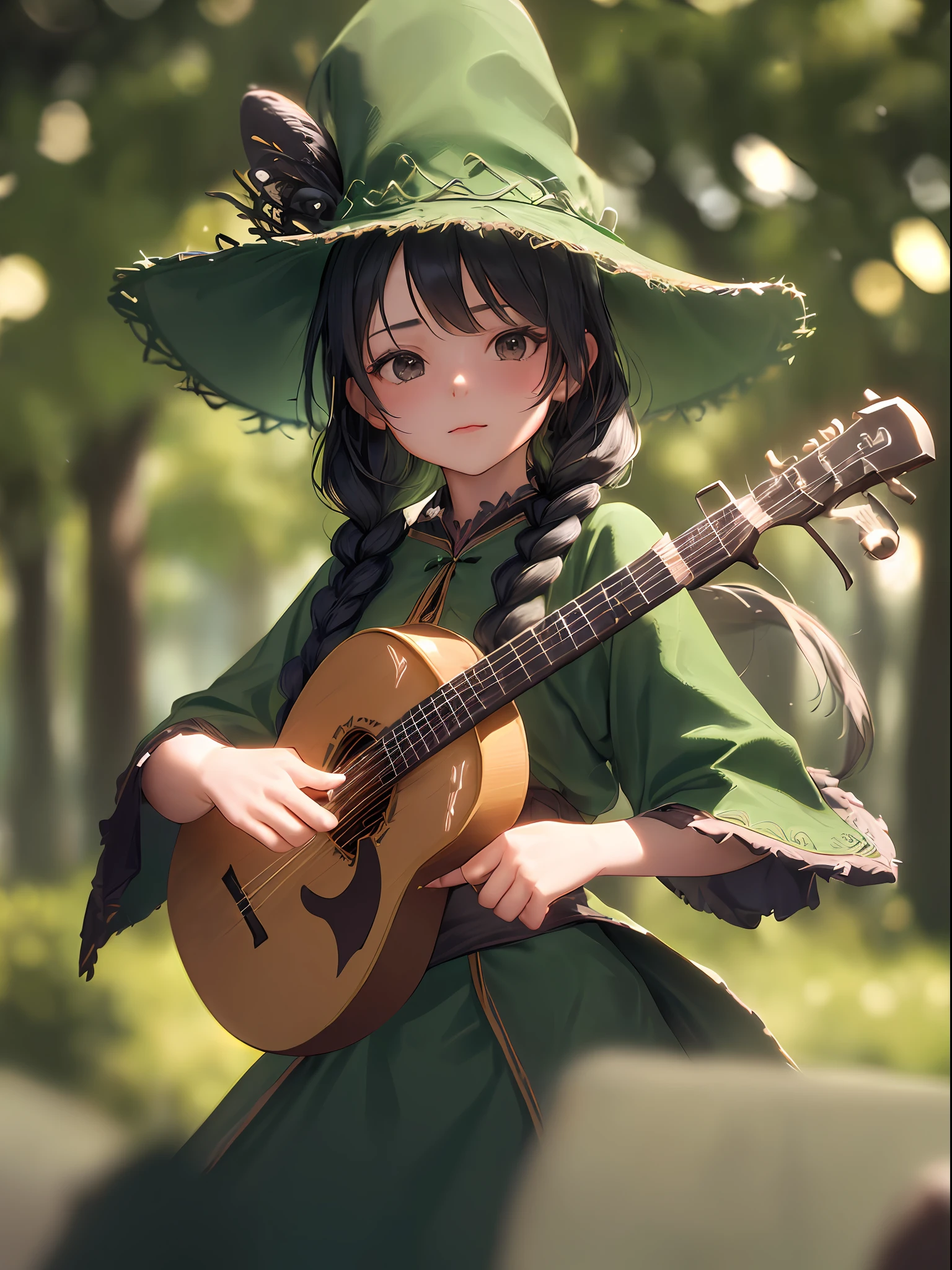 (Cute girl with braids in simple green witch big hat), (Cute girl about ), Play the lute, (masutepiece), (very intricate:1.3), (Realistic), portrait of girl, the most beautiful in the world, (Simple Green Witch Robe) , Upper body, the woods, Intense sunlight, Professional photo details of stunning girls, Dramatic, awardwinning, Cinematic lighting, Volumetrics DTX, (filmg, Blurry background, Blurred foreground, Bokeh, depth of fields, Motion Blur:1.3) Realism,Oversized shirt, A dark-haired,Chibi,Black eyes,(Light effect in sparkling air)
