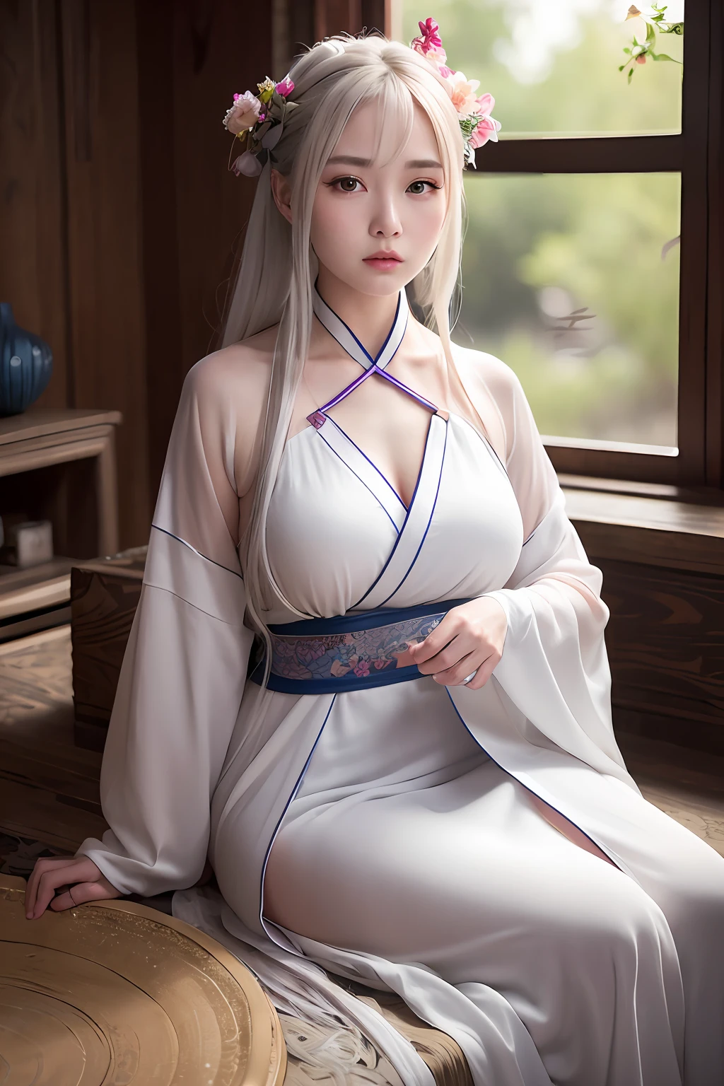 ulzang-6500-v1.1,(RAW photo:1.2),((Photorealistic:1.4))Best quality ,Masterpiece, illustration, An extremely delicate and beautiful, Extremely detailed ,CG ,Unity ,8K wallpaper, Amazing, finedetail, Masterpiece,Best quality,offcial art,Extremely detailed Cg Unity 8K wallpaper,absurderes, unbelievable Ridiculous, hugefilesize, Ultra-detailed, A high resolution, Extremely detailed,Beautiful detailed girl, Extremely detailed eyes and face, Beautiful detailed eyes,light in face,Cinematic lighting,((Hanfu)),1girll,full bodyesbian,full body shot of,See-through,view the viewer,((White hair)),((blissful))