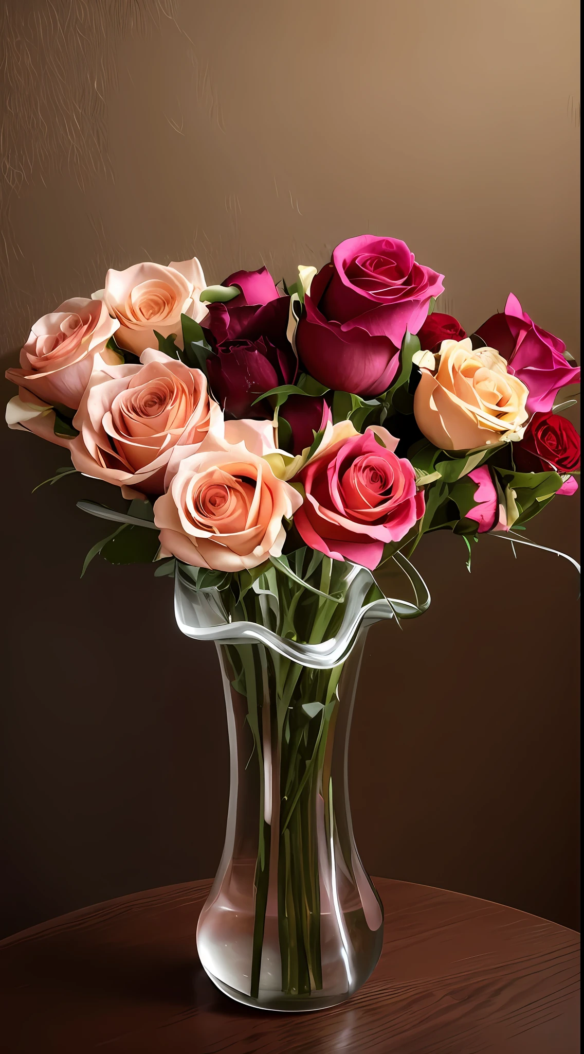 There is a vase on the table,There are pink roses inside, Red neon rose, rosette, small red roses, i dream of a vase flowers, in a short round glass vase, Pink flowers, pink rosa, a few roses, roses in cinematic light, natural point rose', vibrant pink, decorative roses, some pink, elegant flowers, rose twining, Abstract smoked rose