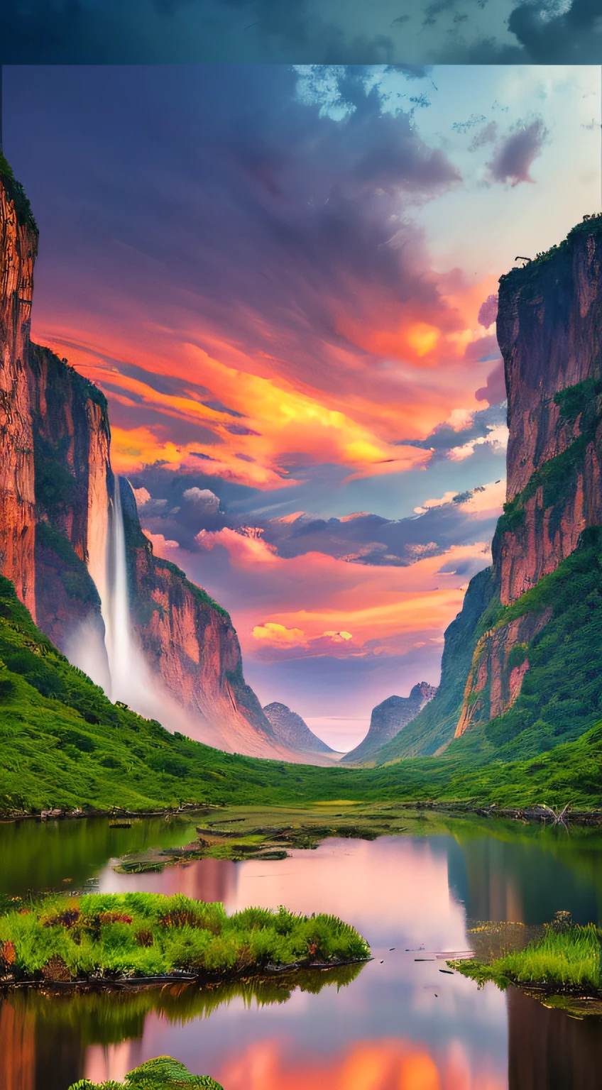 Masterpiece, ultimate quality, Cg unity 8k wallpaper, super delicate, beautiful sky and clouds, rich natural scenery, cliffs, lakes and rivers, waterfalls and flying water, beautiful green mountains, no trace of people, excellent scenery, has already won a photo contest, background Blurring, full depth of field, HDR high dynamics, true restoration, intricate, extreme details, dramatic presentation, perfectly presenting the style of midjourney art.